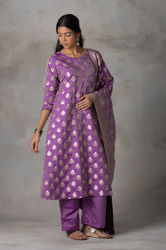 Royal Purple Banarasi Silk Suit Set with Golden Zari Weaving