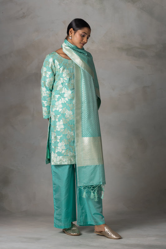 Aqua Green Banarasi Silk Suit Set with Gold & Silver Zari Weaving