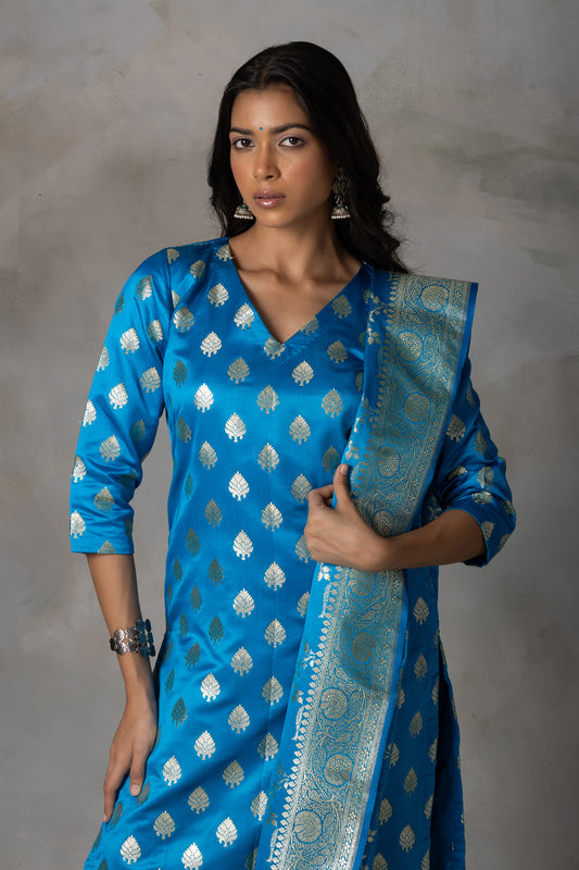 Royal Blue Banarasi Silk Suit Set with Zari Weaving
