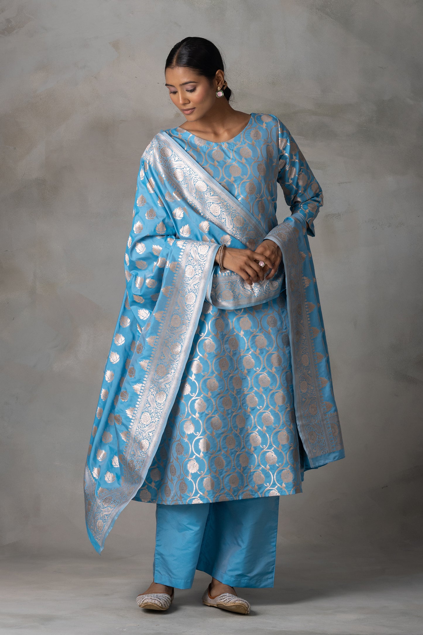 Sky Blue Banarasi Silk Anarkali Suit Set with Zari Weaving