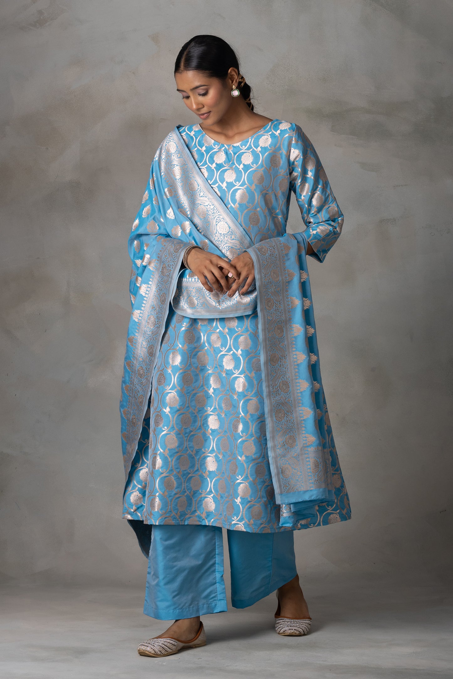 Sky Blue Banarasi Silk Anarkali Suit Set with Zari Weaving
