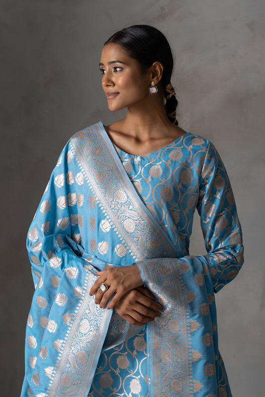 Sky Blue Banarasi Silk Anarkali Suit Set with Zari Weaving