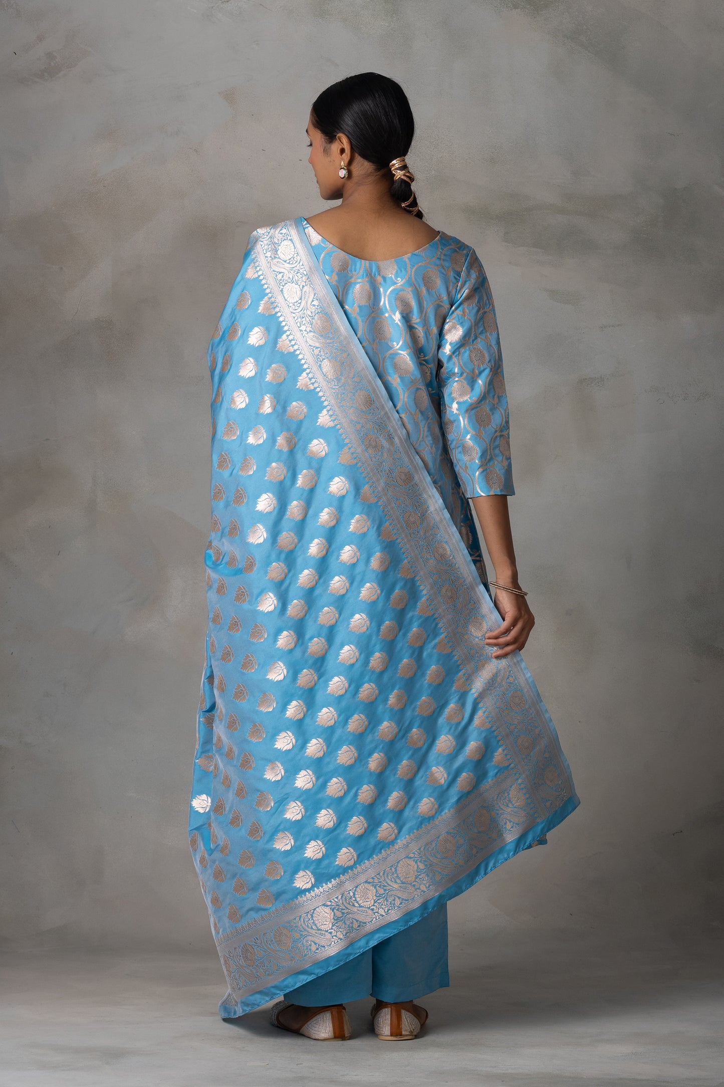 Sky Blue Banarasi Silk Anarkali Suit Set with Zari Weaving
