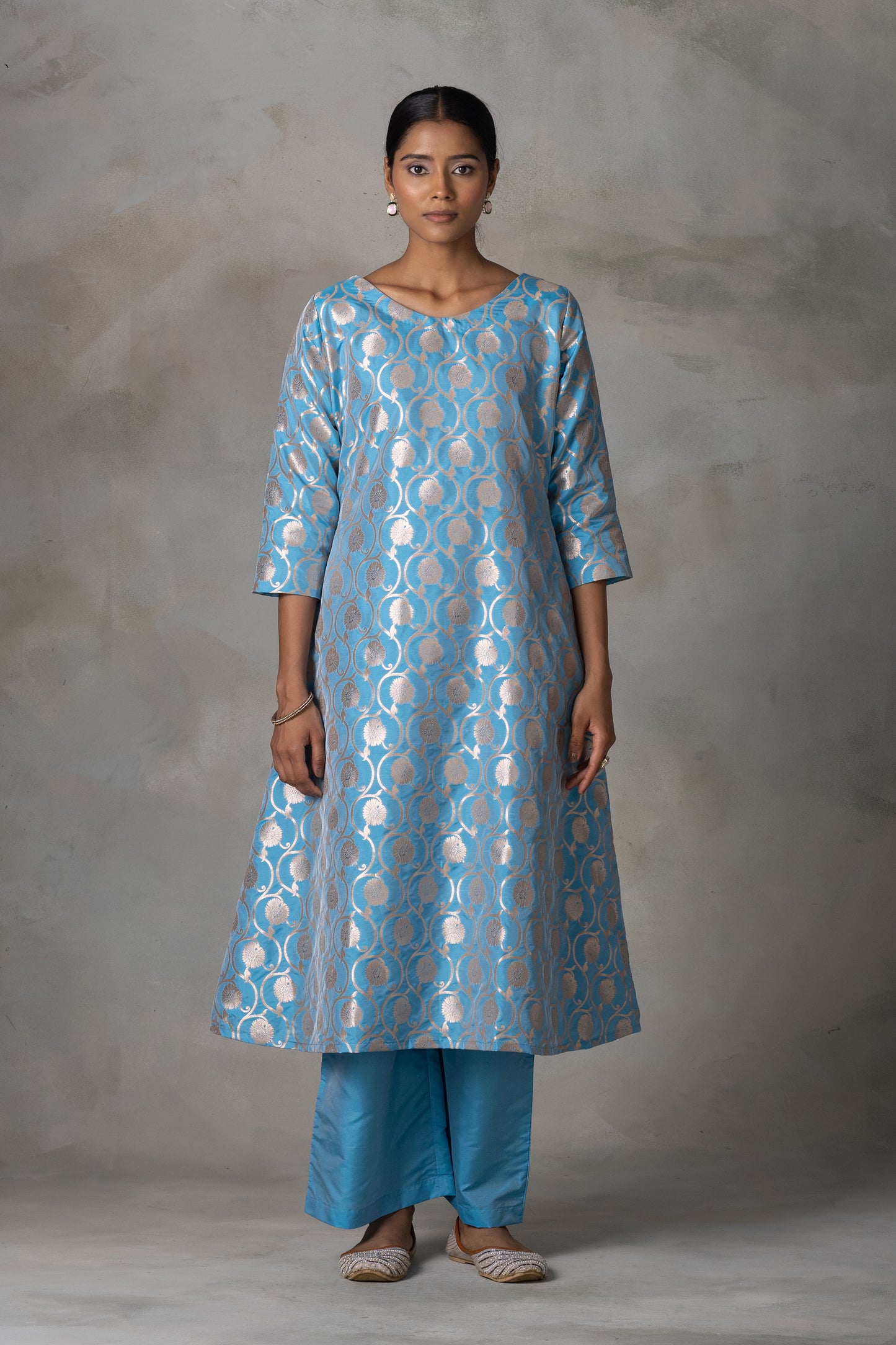 Sky Blue Banarasi Silk Anarkali Suit Set with Zari Weaving