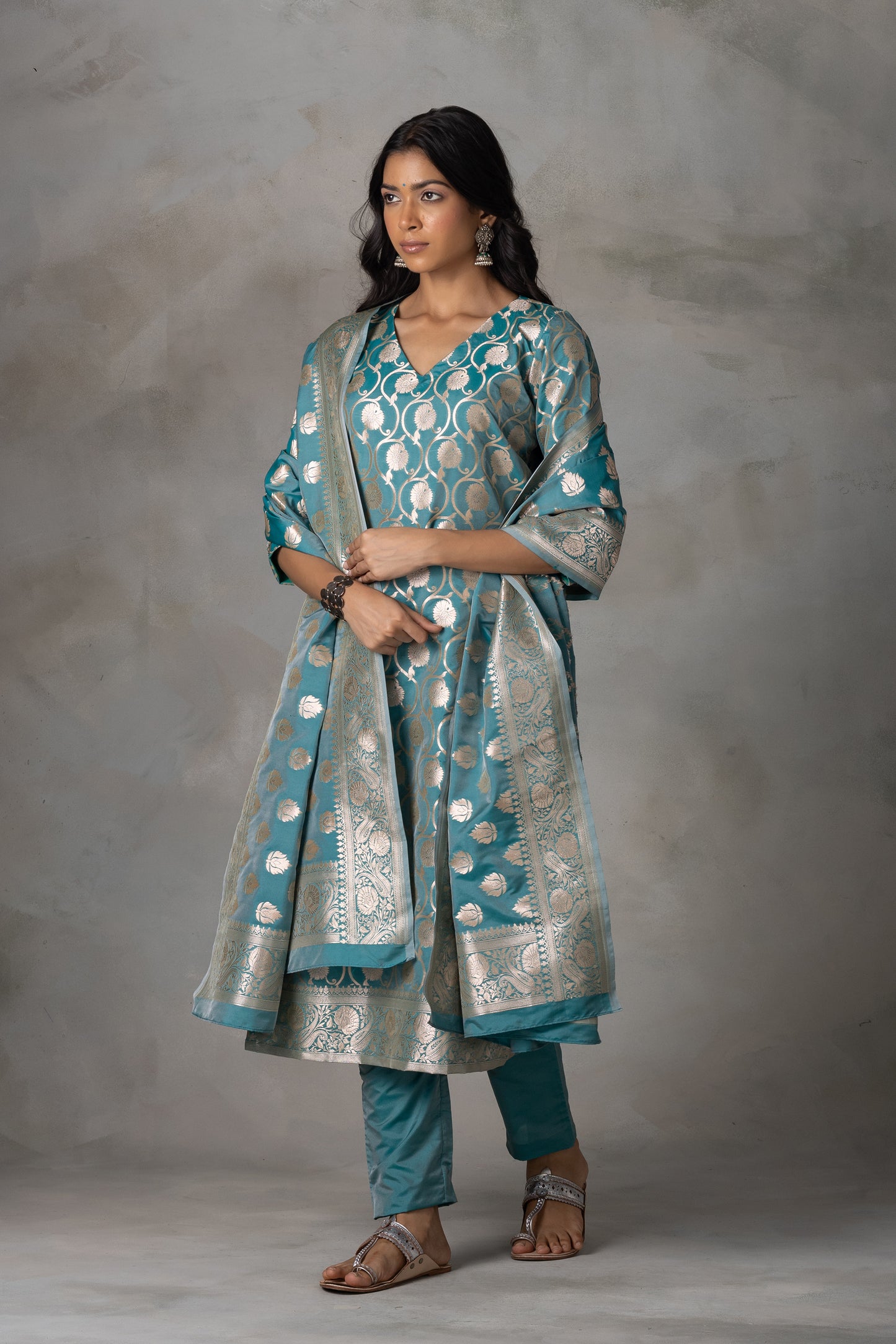Teal Blue Banarasi Silk Suit Set with Zari Motifs