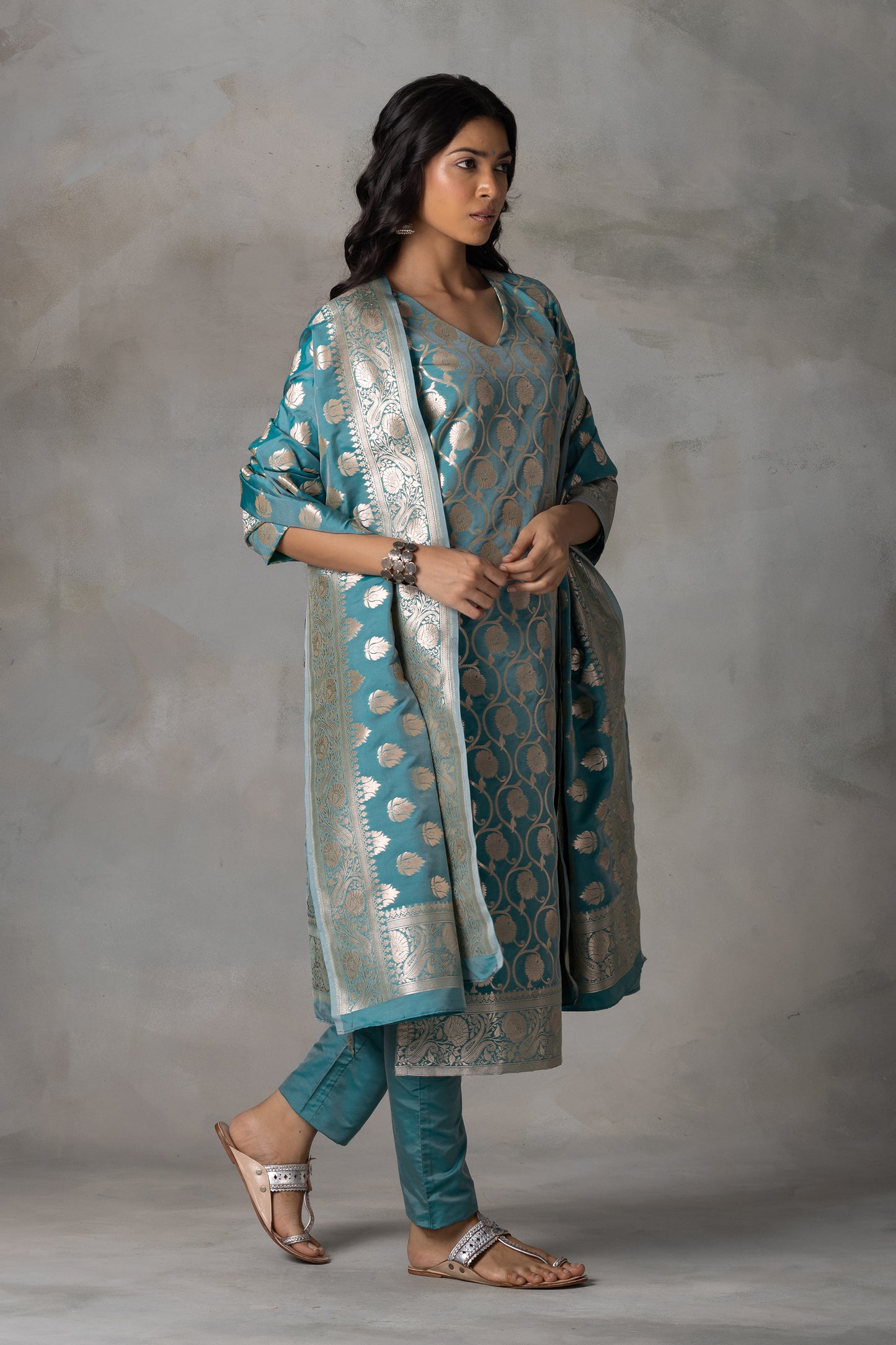 Teal Blue Banarasi Silk Suit Set with Zari Motifs
