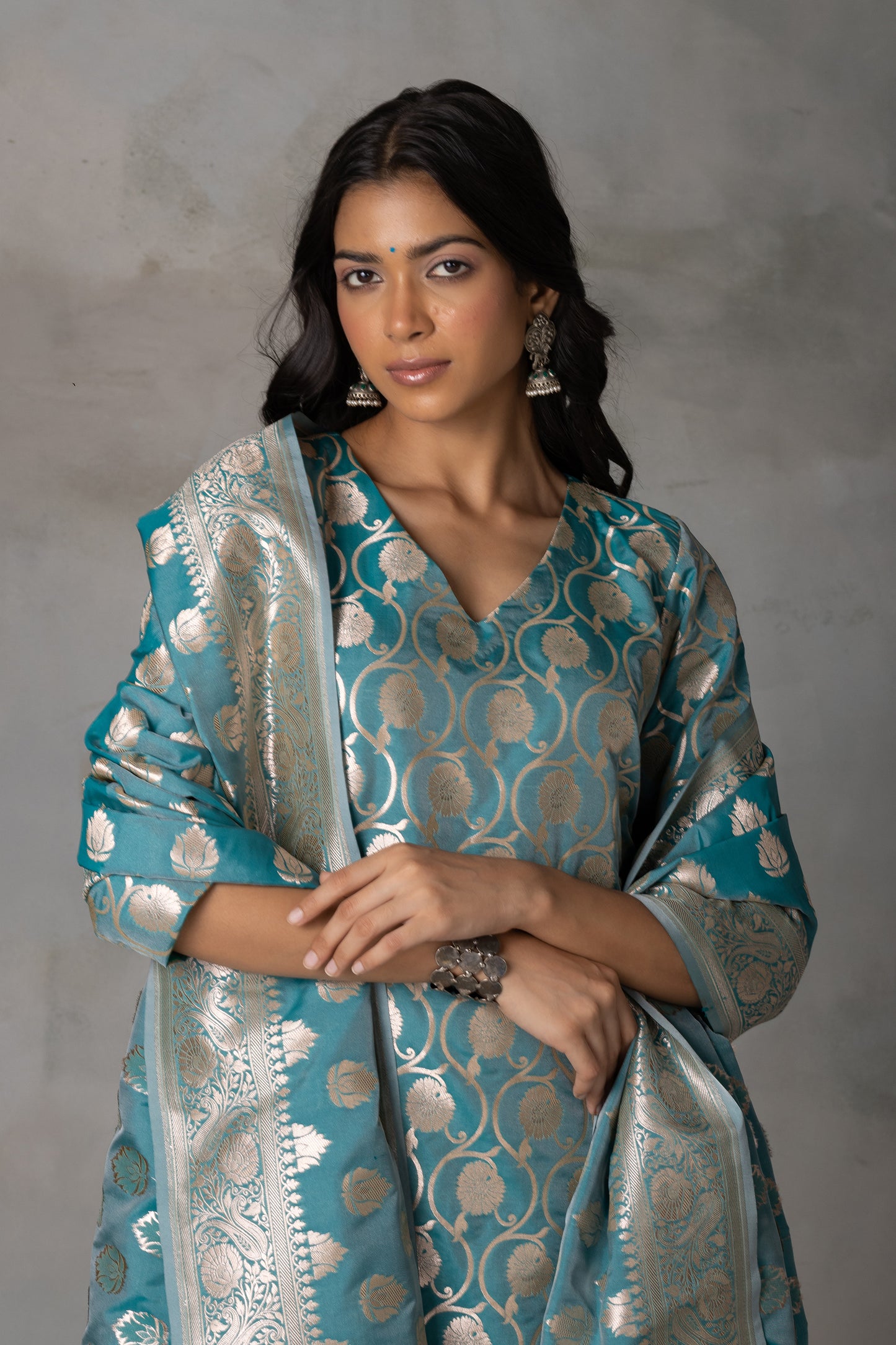 Teal Blue Banarasi Silk Suit Set with Zari Motifs