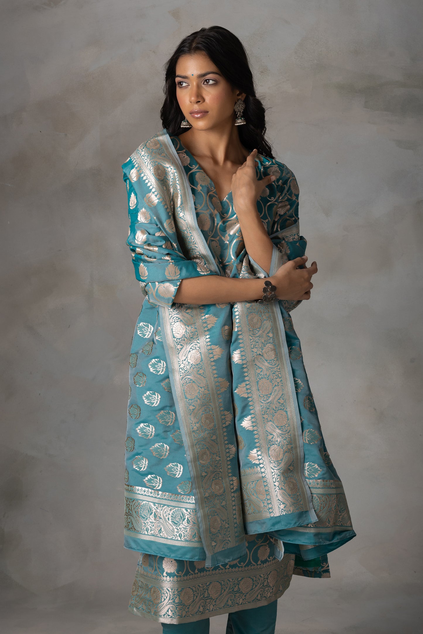 Teal Blue Banarasi Silk Suit Set with Zari Motifs
