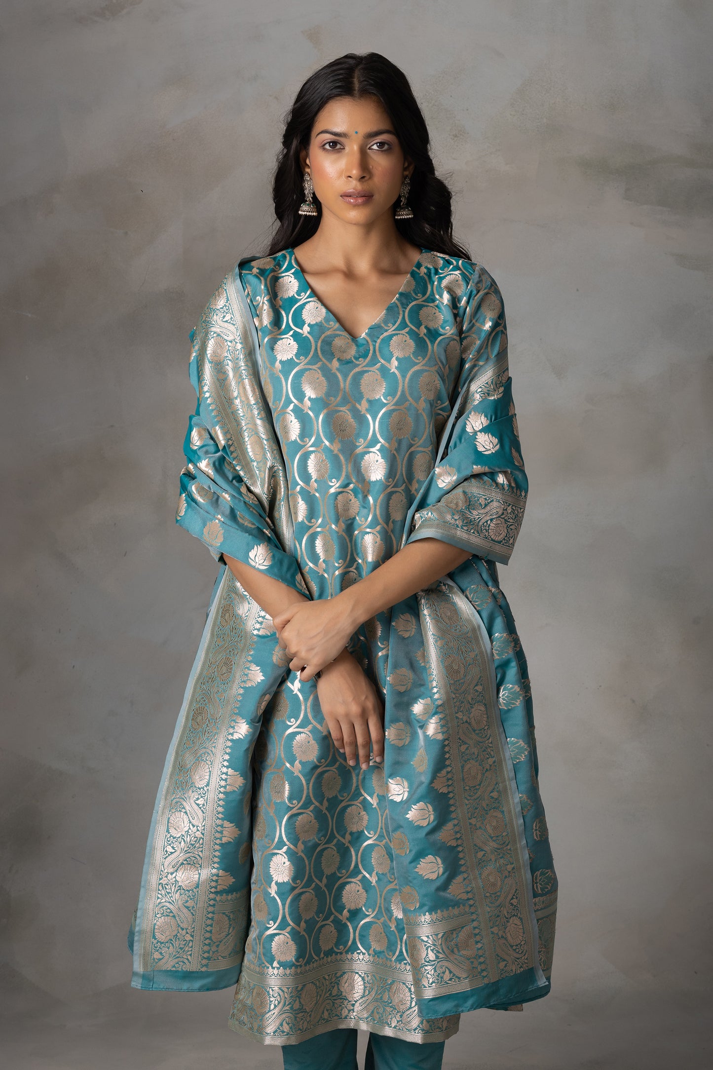 Teal Blue Banarasi Silk Suit Set with Zari Motifs