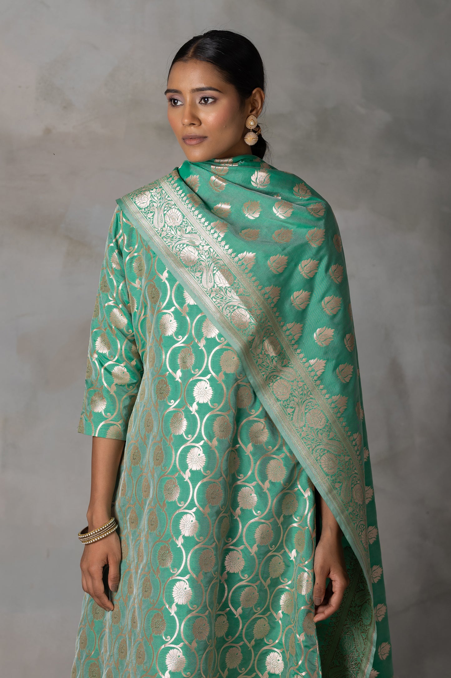 Emerald Green Banarasi Silk Suit Set with Zari Motifs