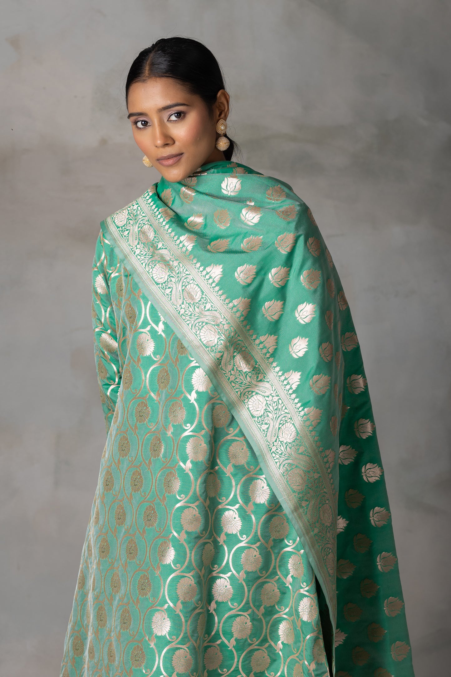 Emerald Green Banarasi Silk Suit Set with Zari Motifs