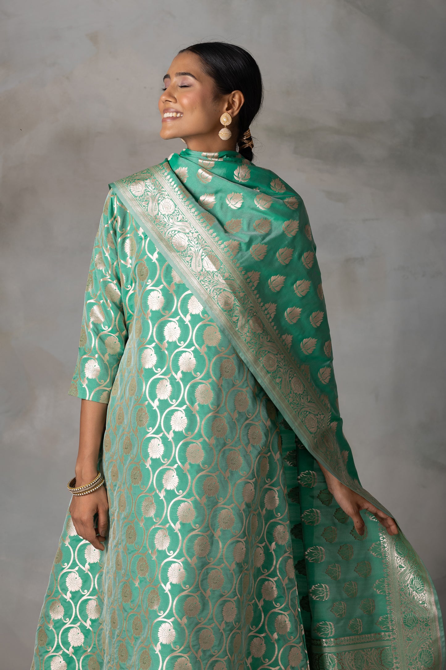 Emerald Green Banarasi Silk Suit Set with Zari Motifs