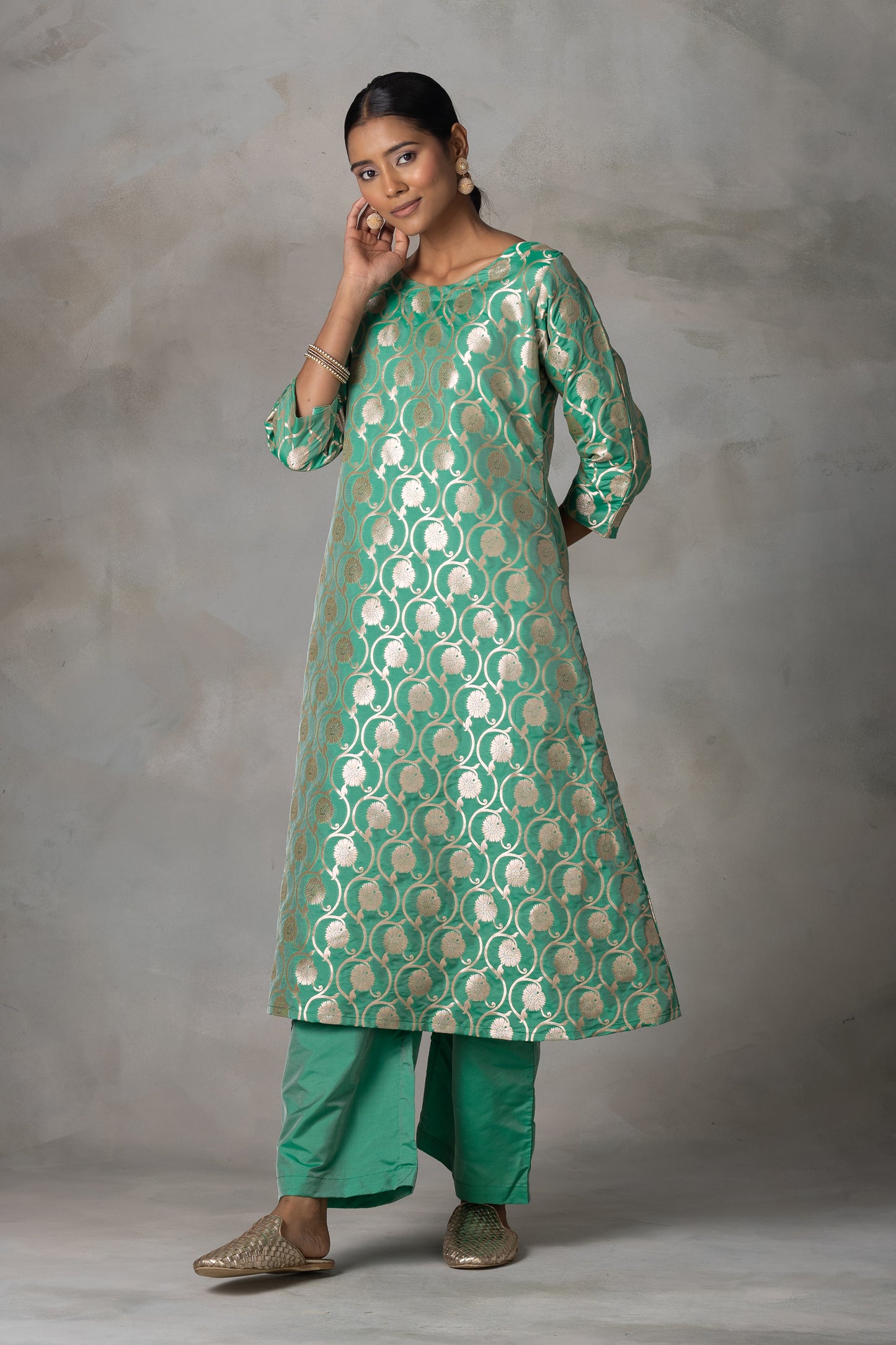 Emerald Green Banarasi Silk Suit Set with Zari Motifs