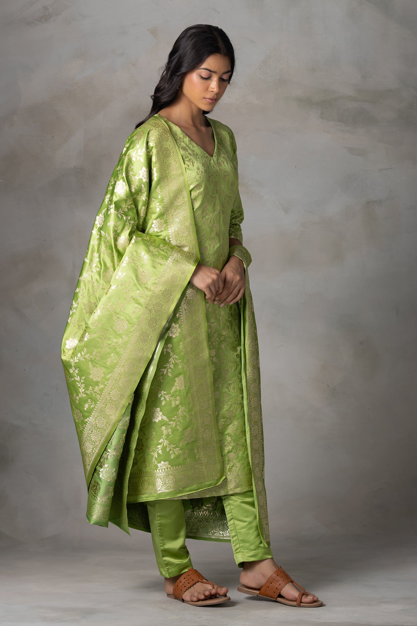 Light Green Banarasi Silk Suit Set with Zari Motifs