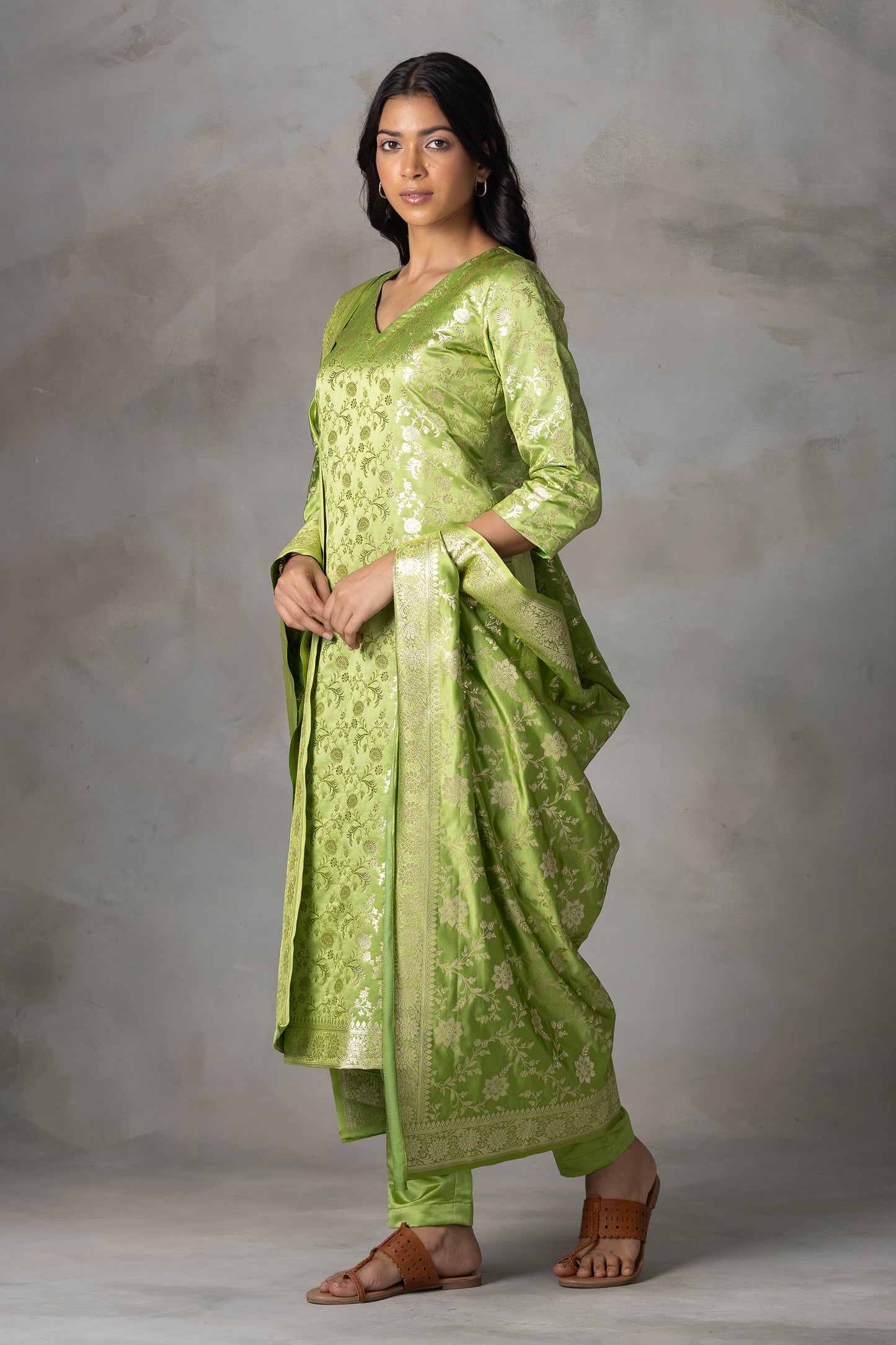 Light Green Banarasi Silk Suit Set with Zari Motifs
