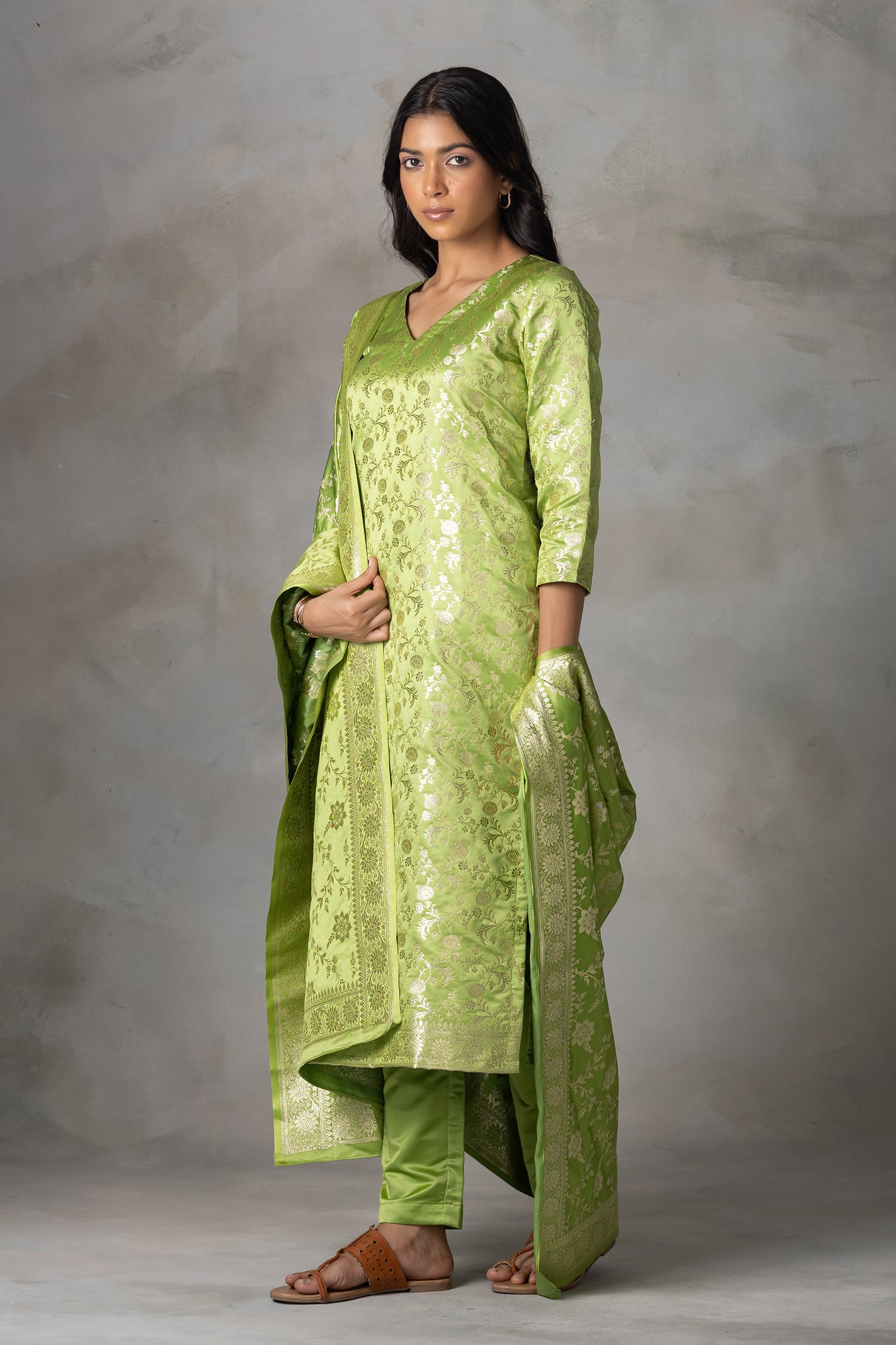 Light Green Banarasi Silk Suit Set with Zari Motifs
