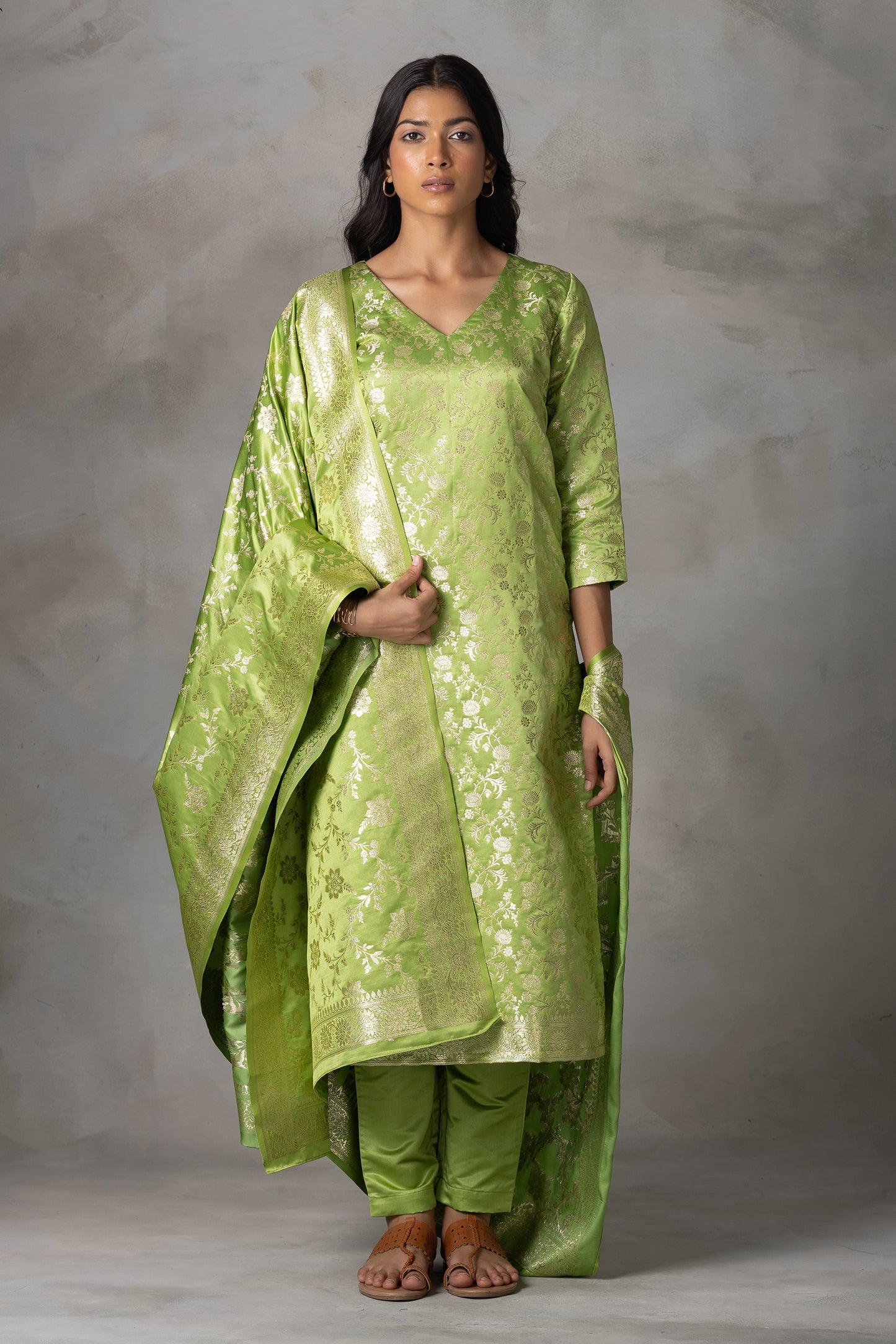Light Green Banarasi Silk Suit Set with Zari Motifs