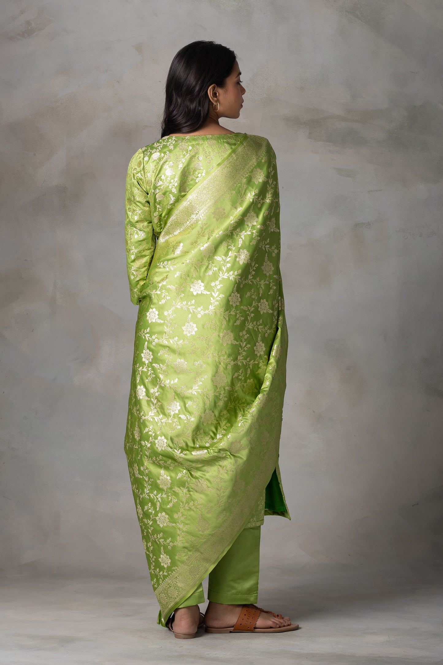 Light Green Banarasi Silk Suit Set with Zari Motifs