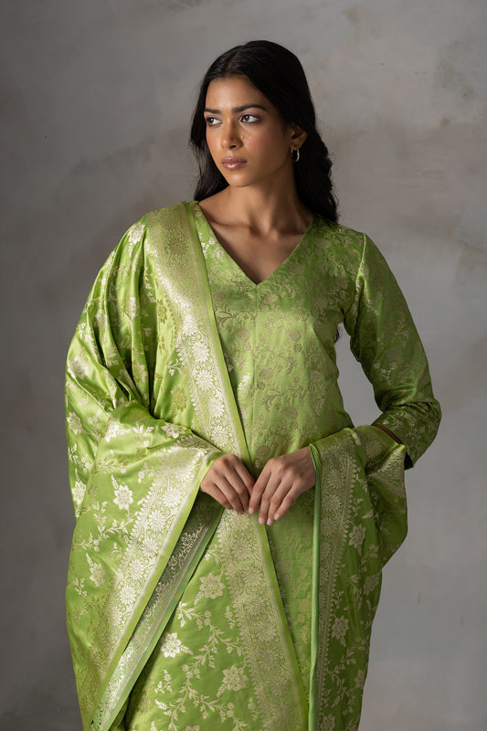 Light Green Banarasi Silk Suit Set with Zari Motifs