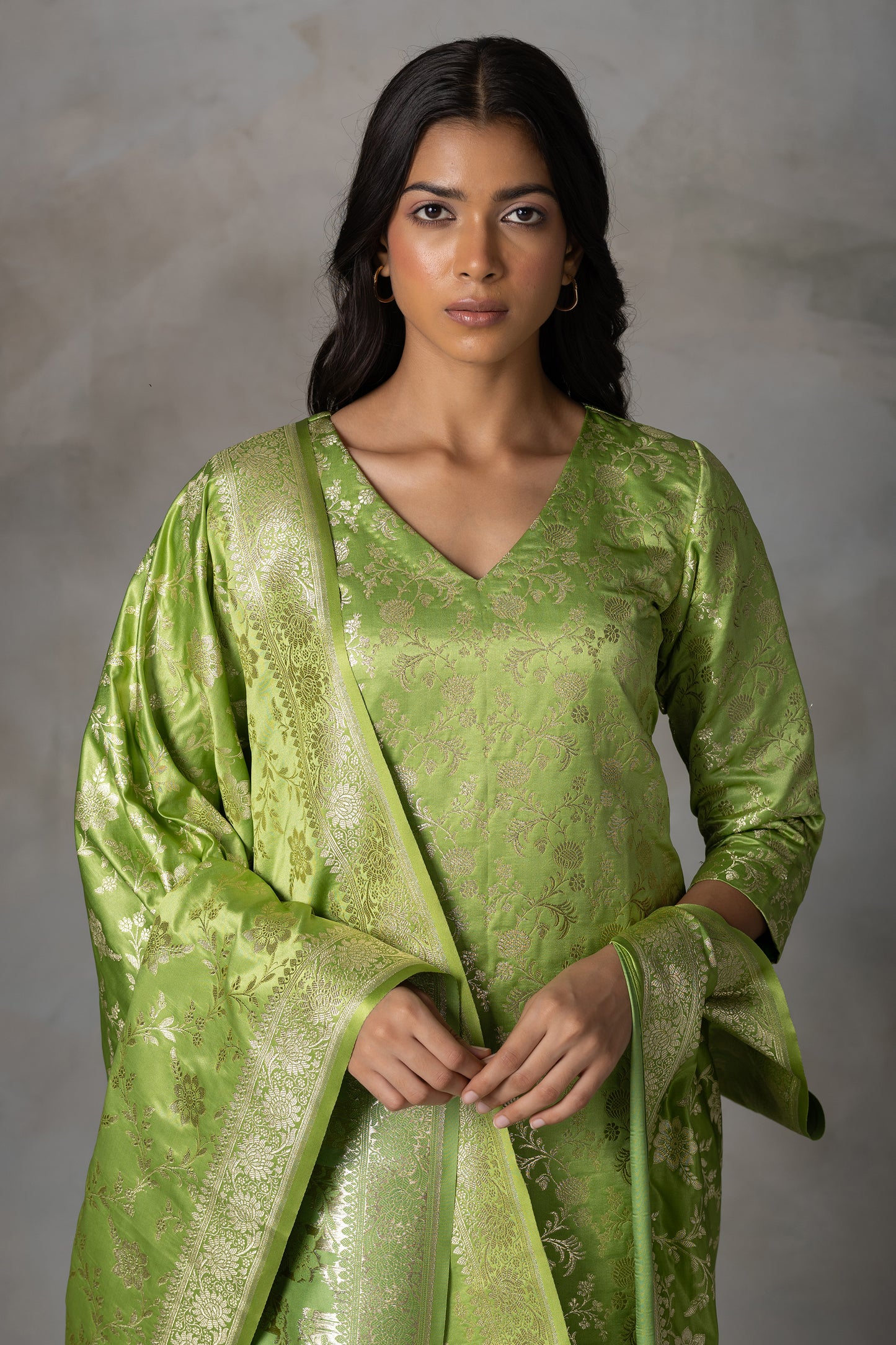 Light Green Banarasi Silk Suit Set with Zari Motifs