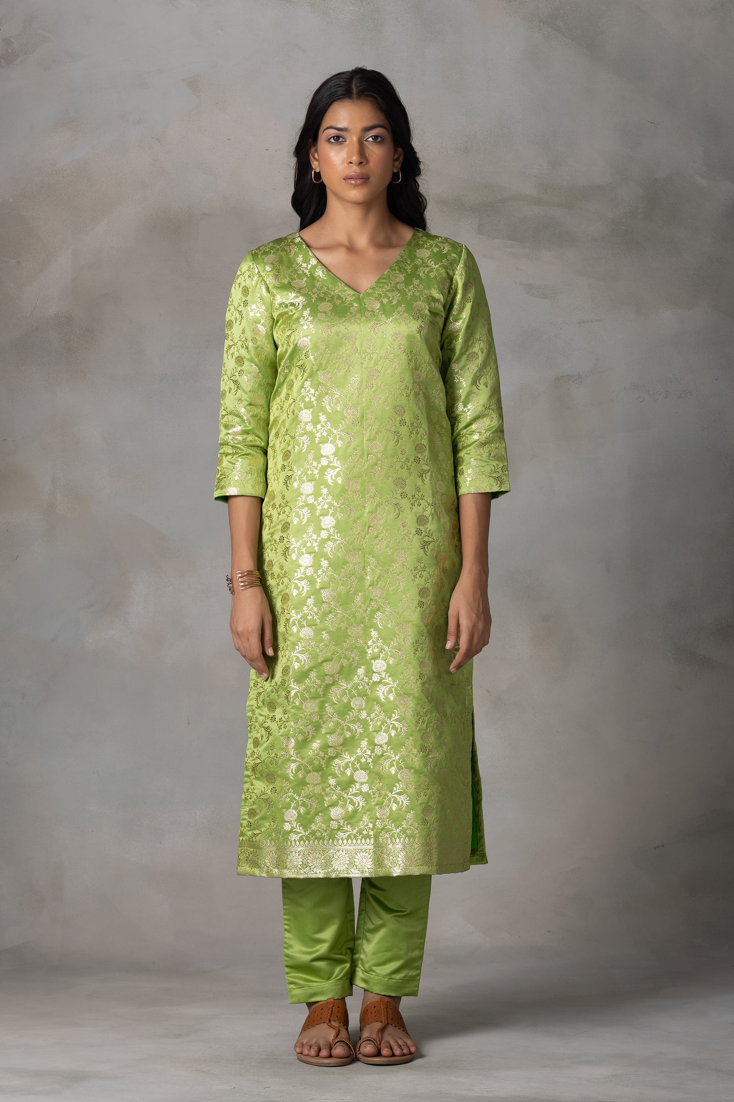 Light Green Banarasi Silk Suit Set with Zari Motifs