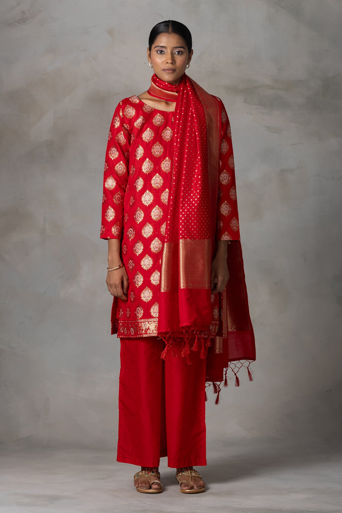 Classic Red Banarasi Silk Suit Set with Zari Weaving