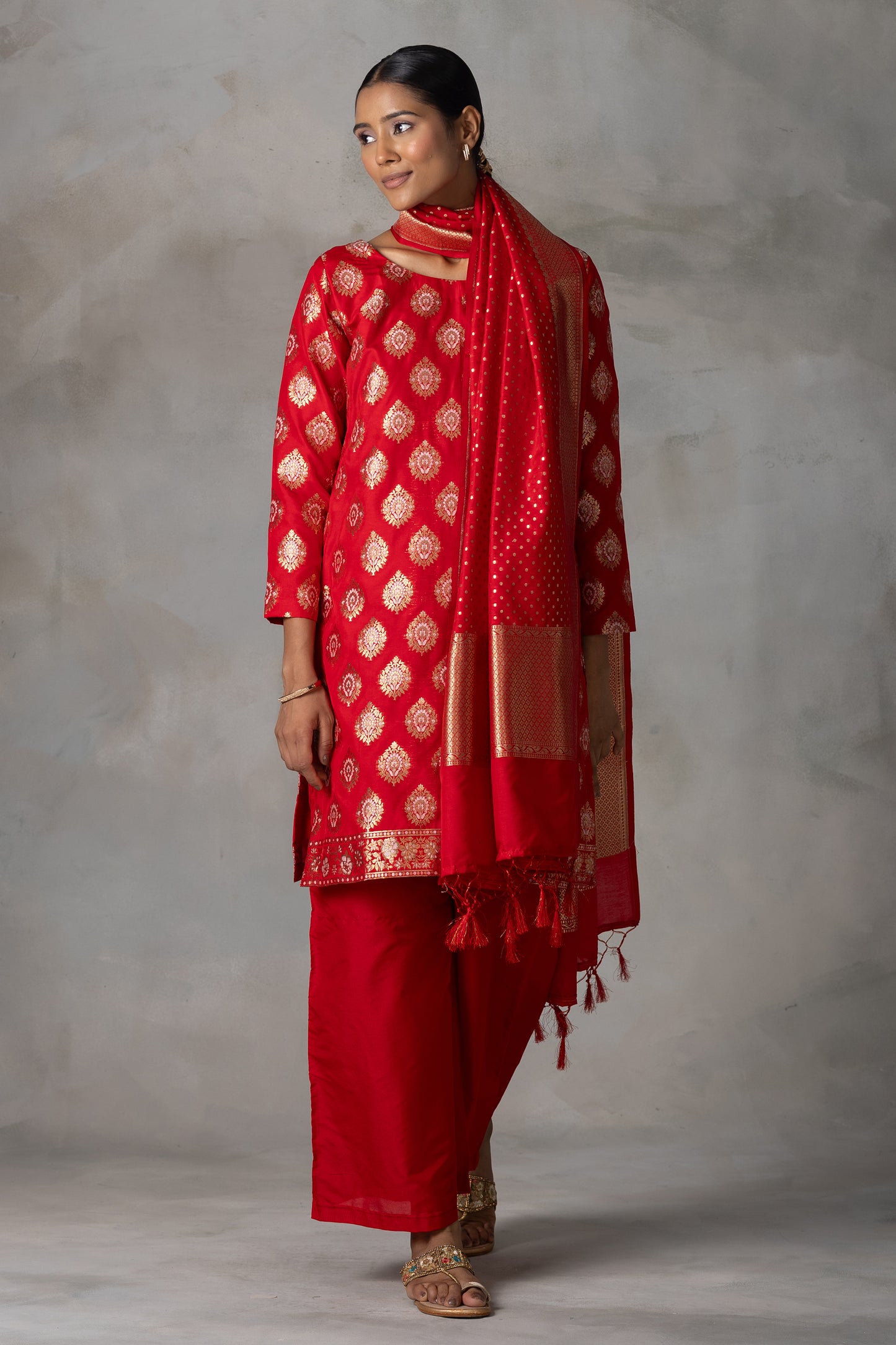 Classic Red Banarasi Silk Suit Set with Zari Weaving