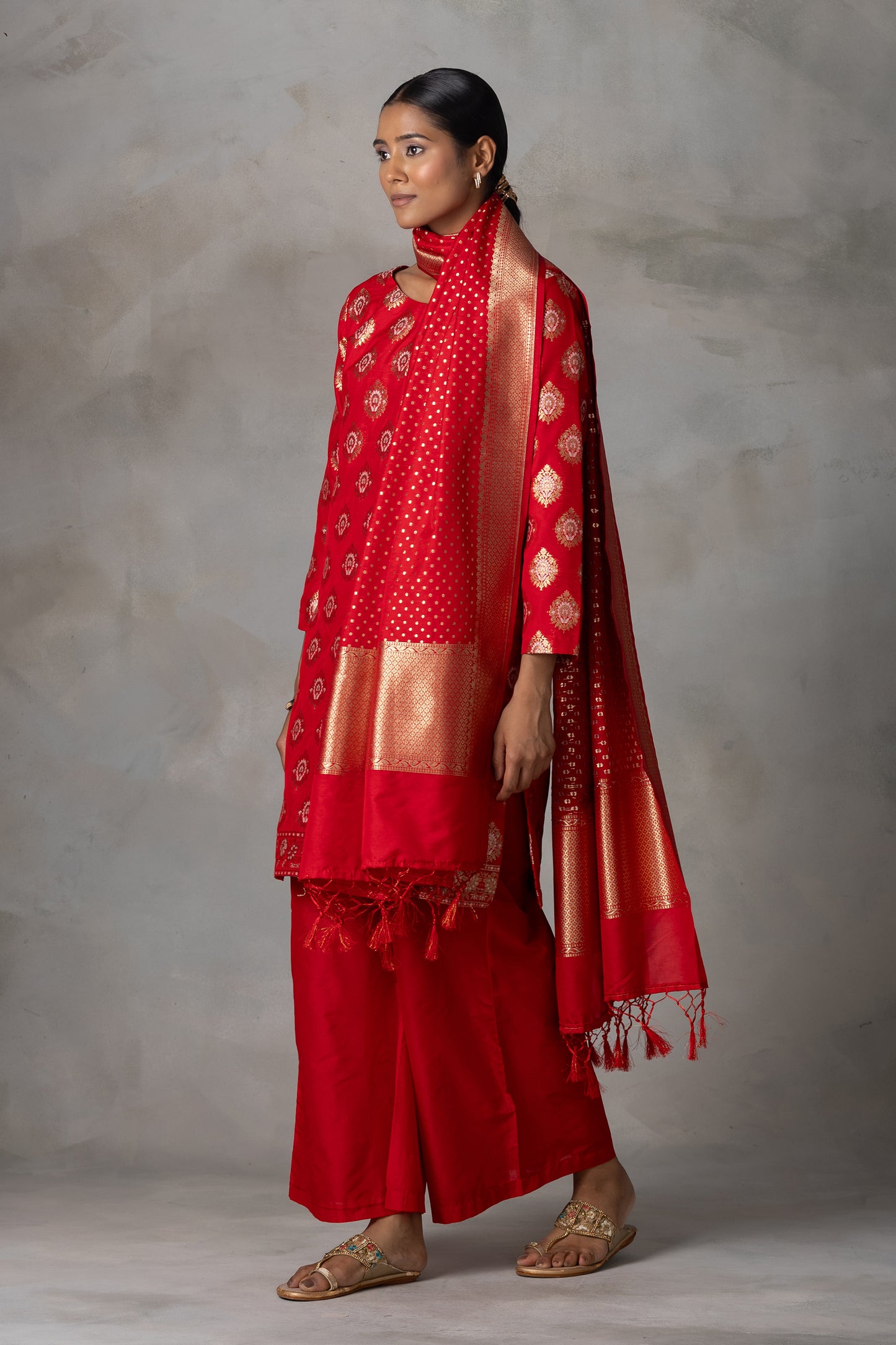 Classic Red Banarasi Silk Suit Set with Zari Weaving