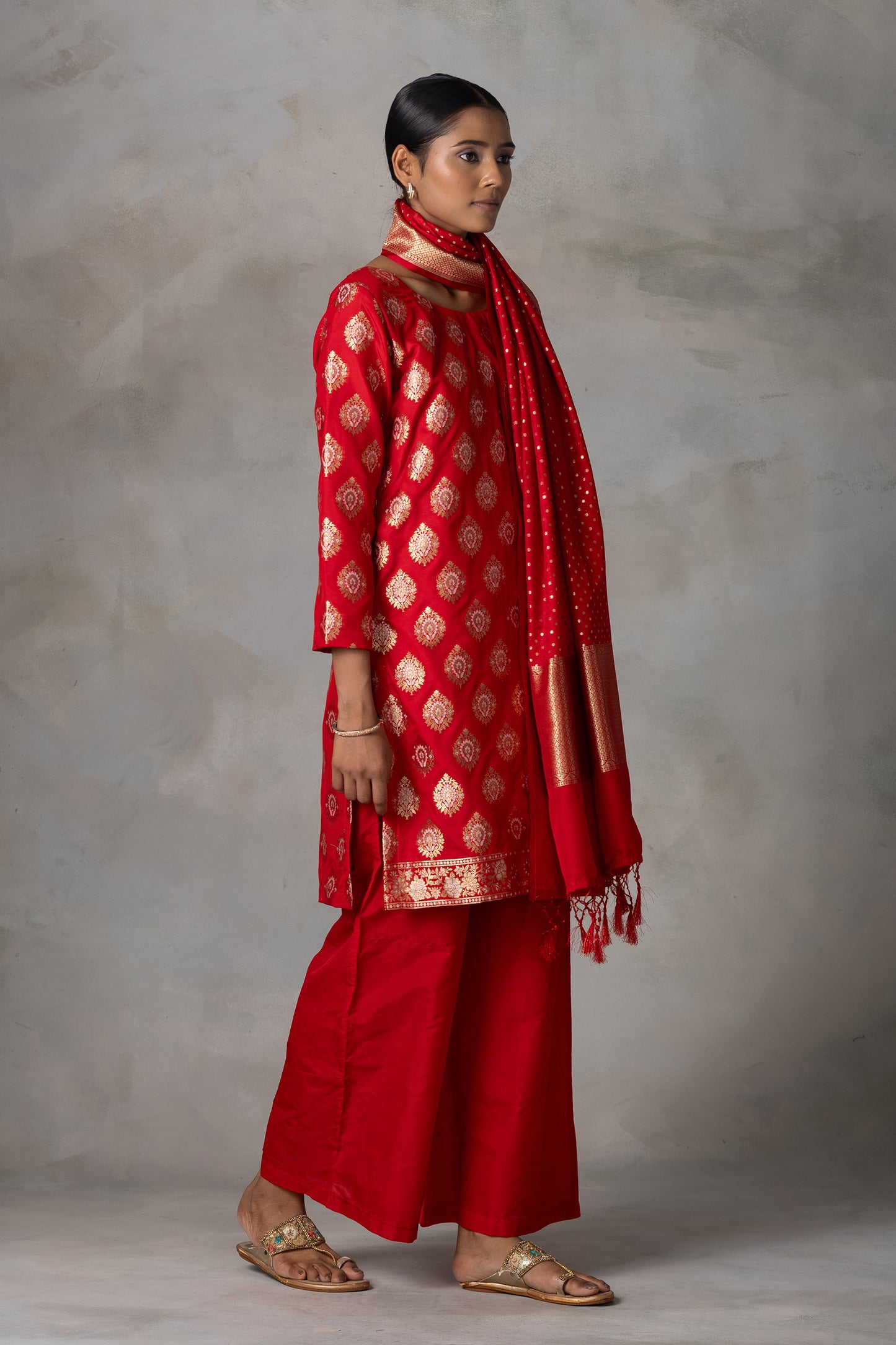 Classic Red Banarasi Silk Suit Set with Zari Weaving