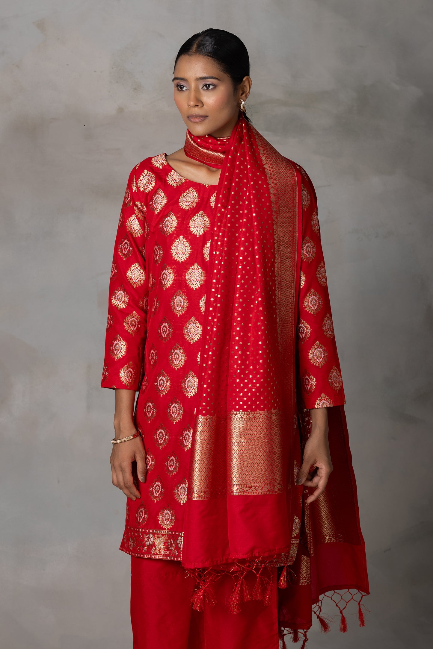 Classic Red Banarasi Silk Suit Set with Zari Weaving