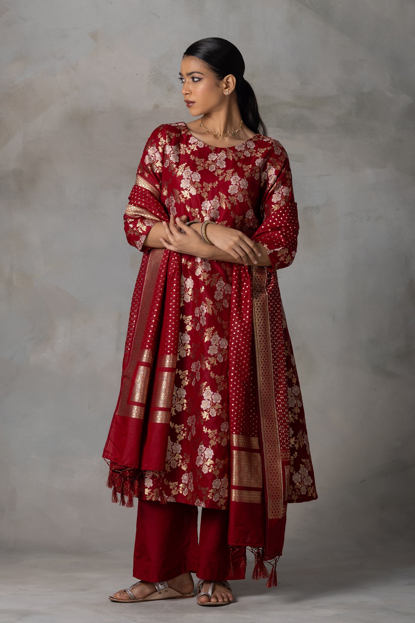 Deep Red Banarasi Silk Suit Set with Zari Weaving