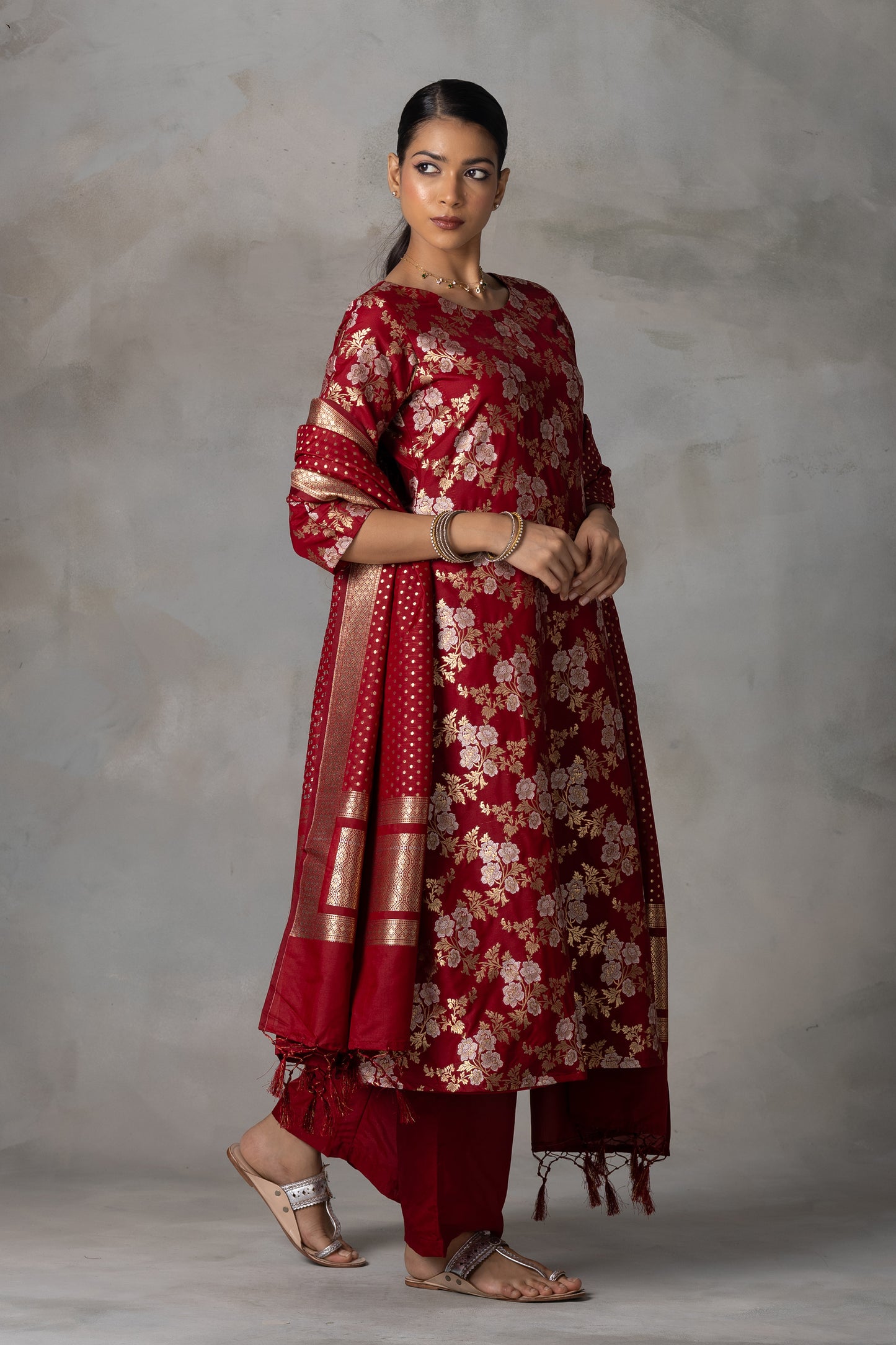 Deep Red Banarasi Silk Suit Set with Zari Weaving