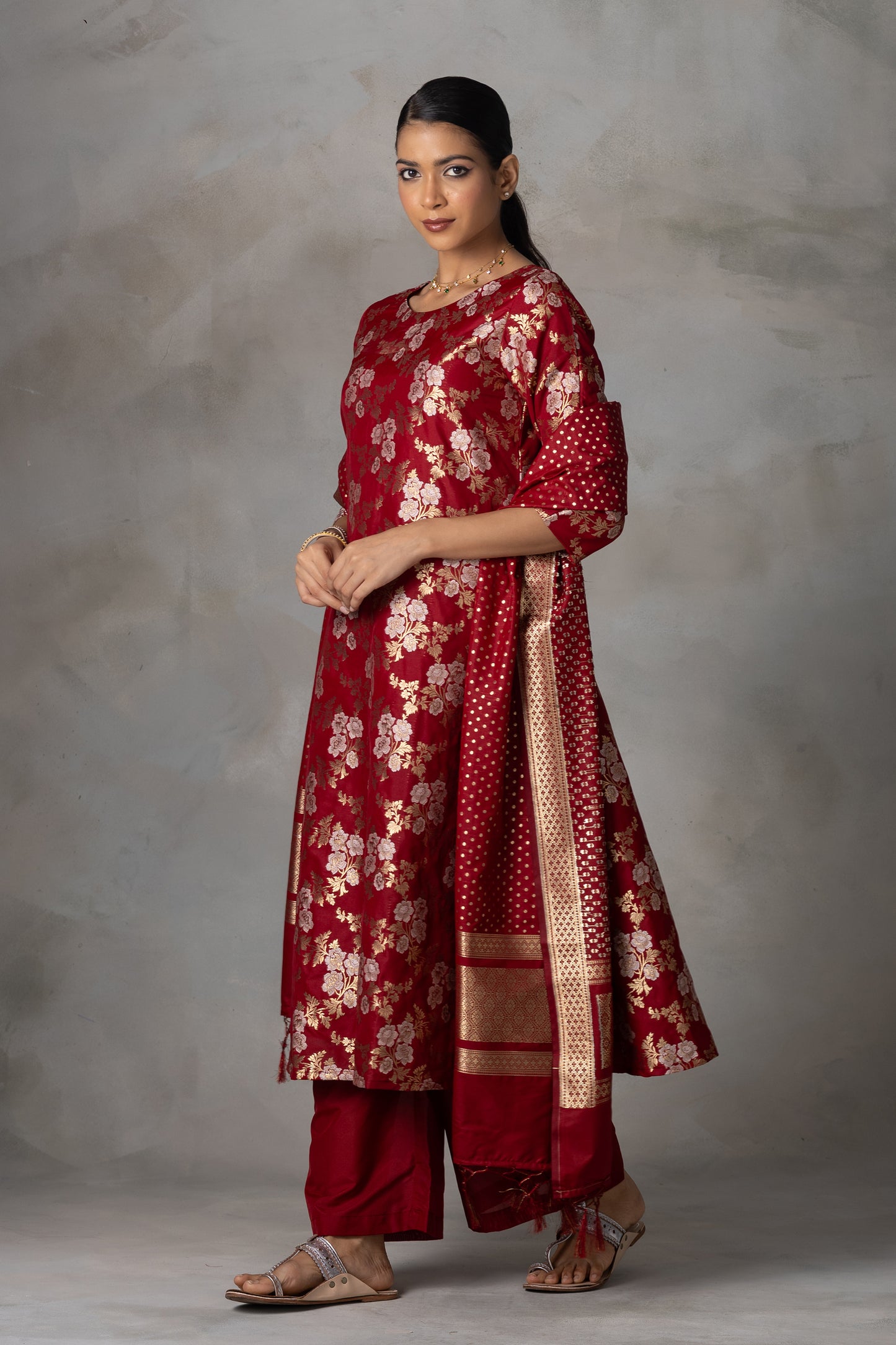 Deep Red Banarasi Silk Suit Set with Zari Weaving