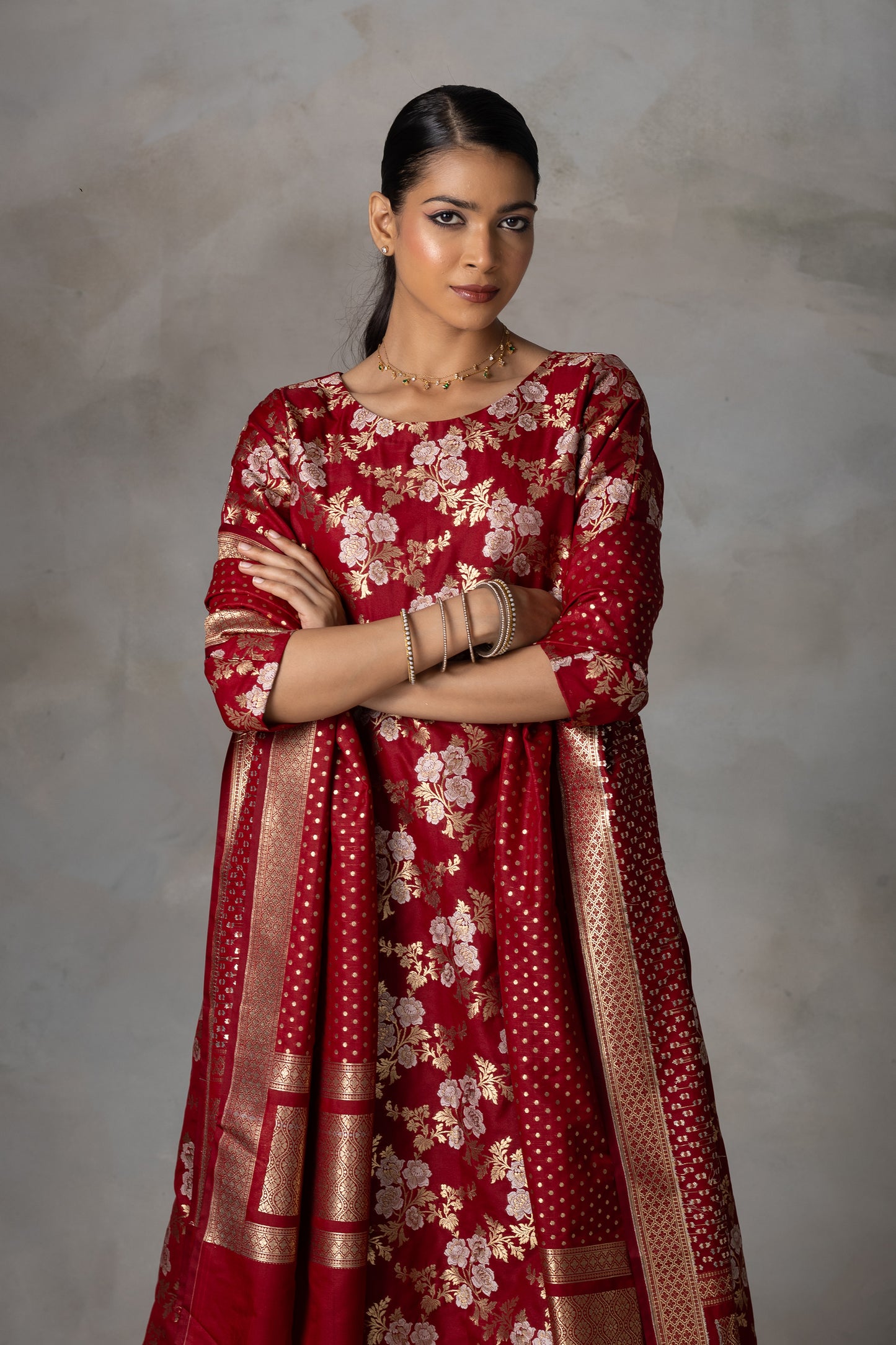 Deep Red Banarasi Silk Suit Set with Zari Weaving