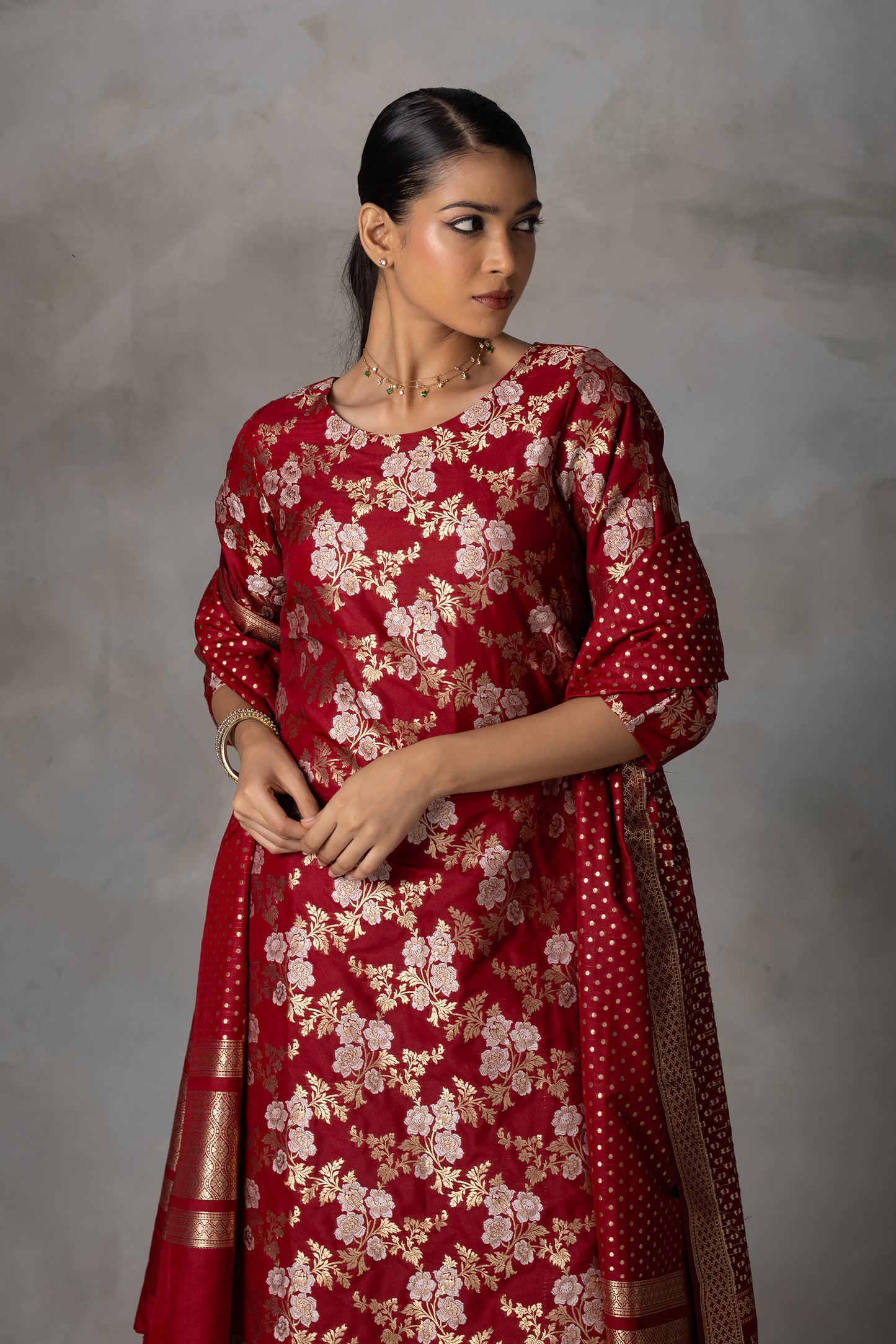 Deep Red Banarasi Silk Suit Set with Zari Weaving