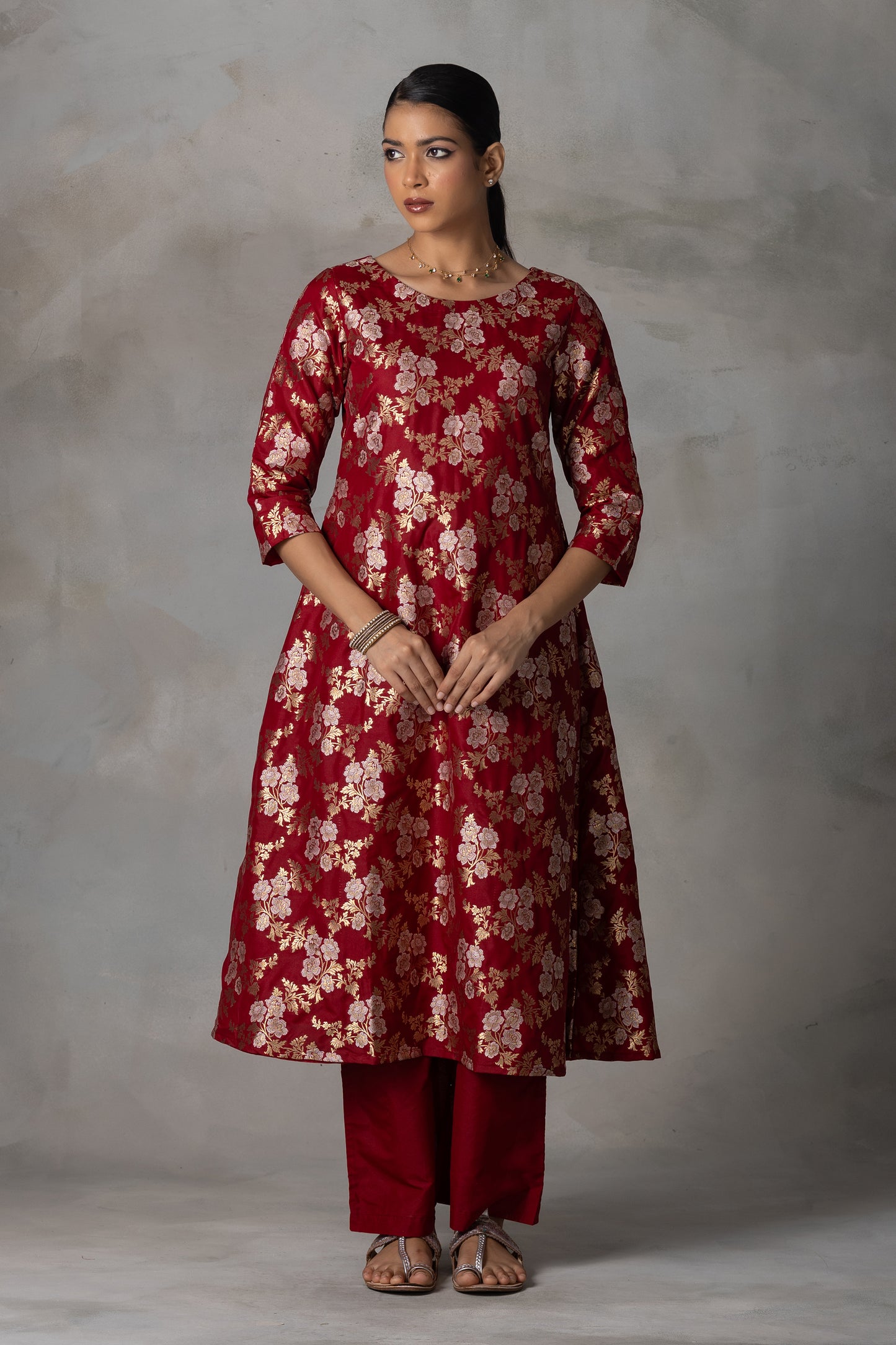 Deep Red Banarasi Silk Suit Set with Zari Weaving