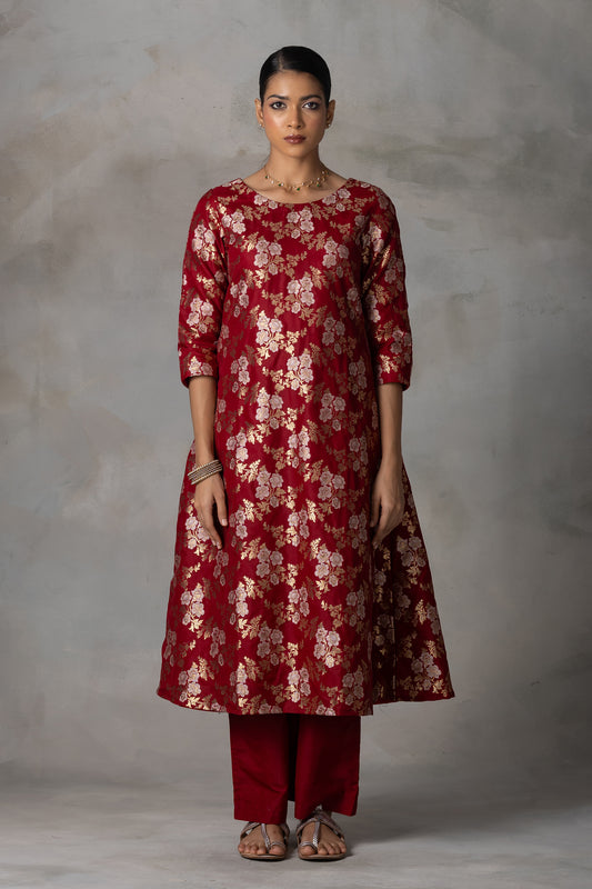 Deep Red Banarasi Silk Suit Set with Zari Weaving