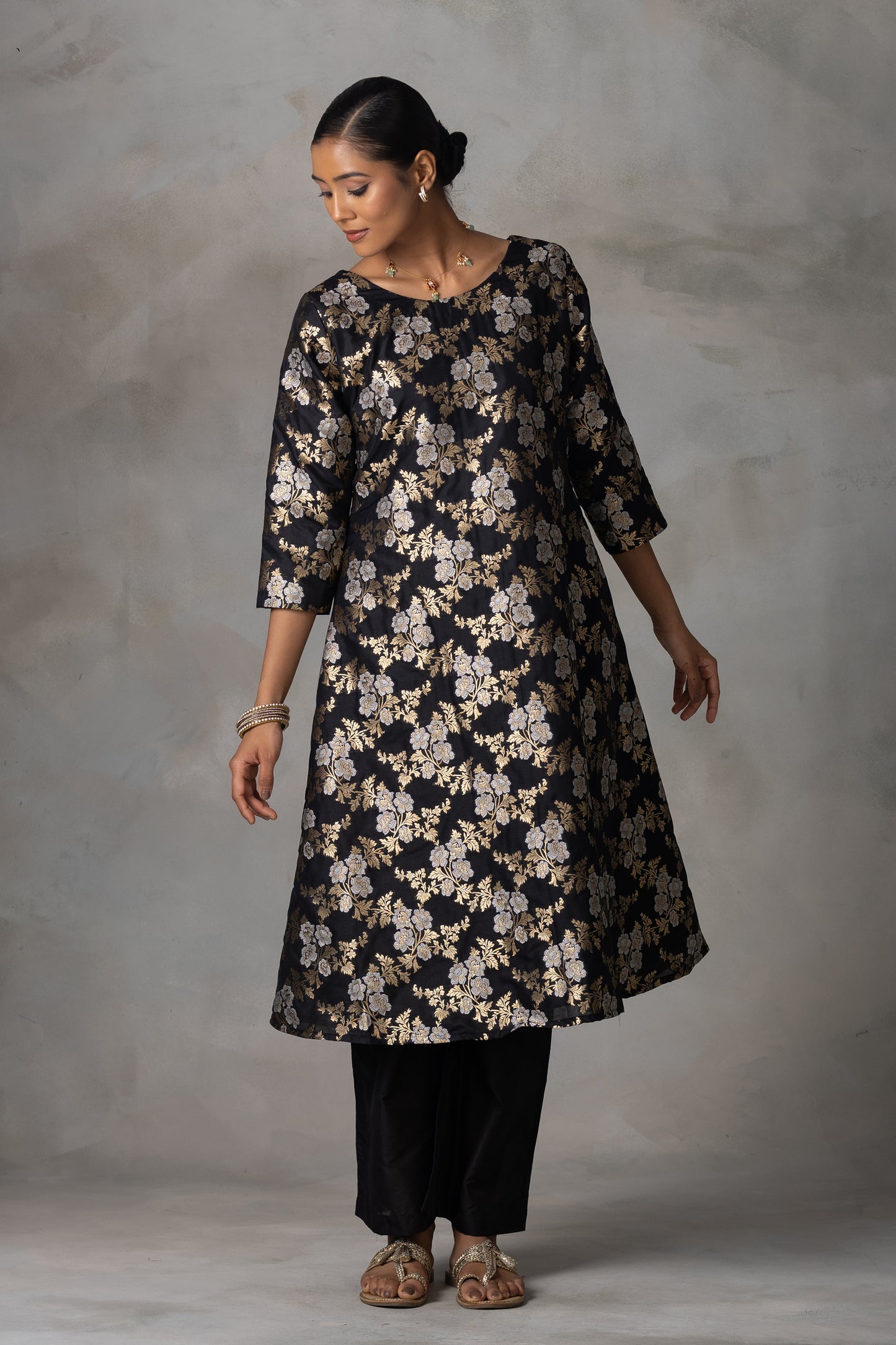 Black Banarasi Silk Suit Set with Zari Weaving