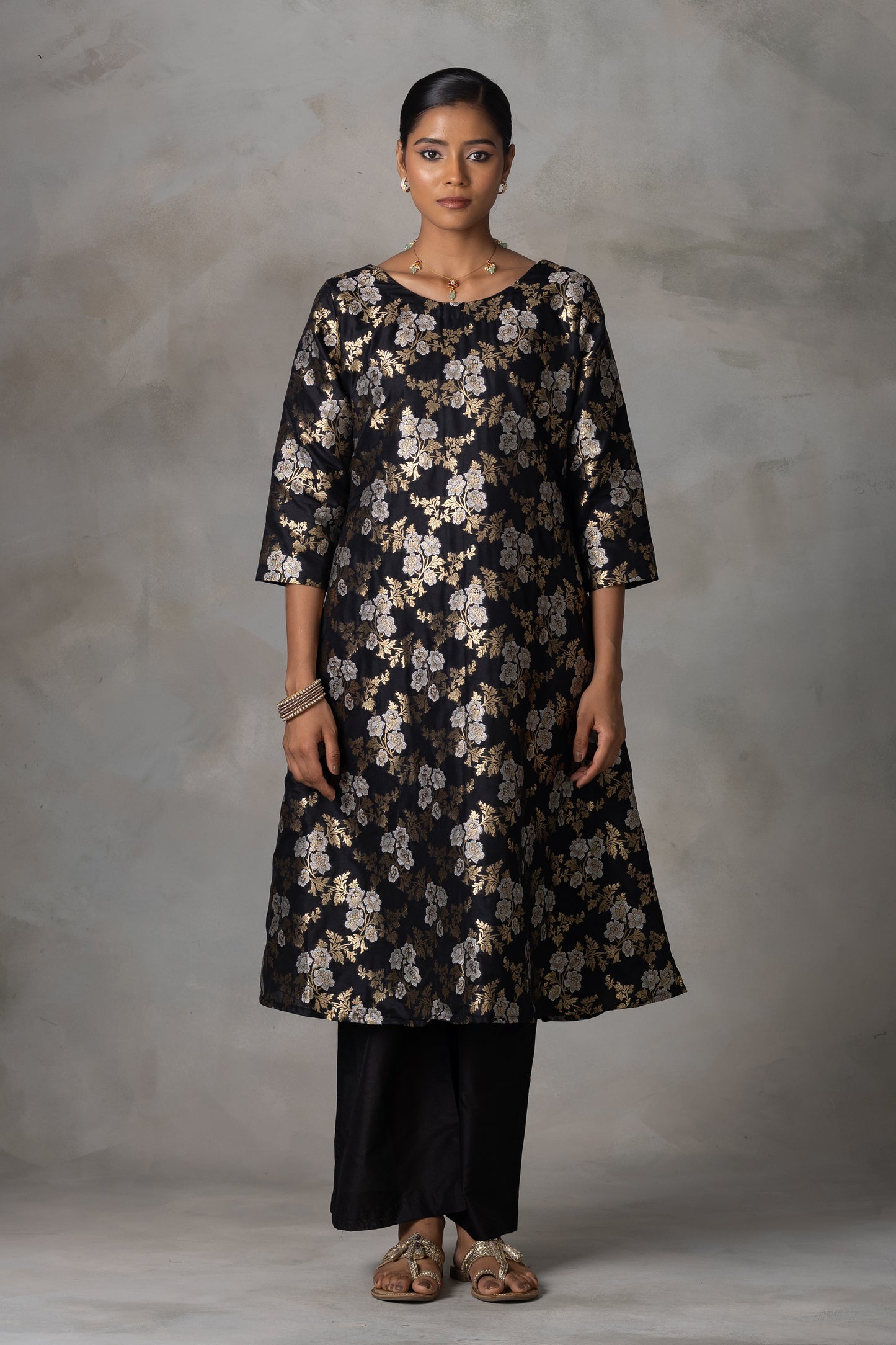 Black Banarasi Silk Suit Set with Zari Weaving