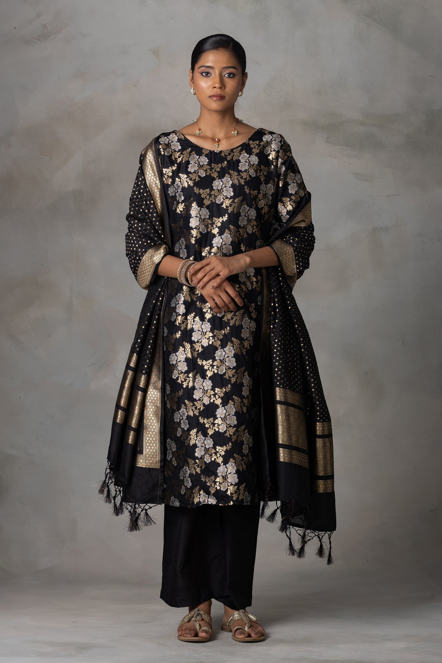 Black Banarasi Silk Suit Set with Zari Weaving