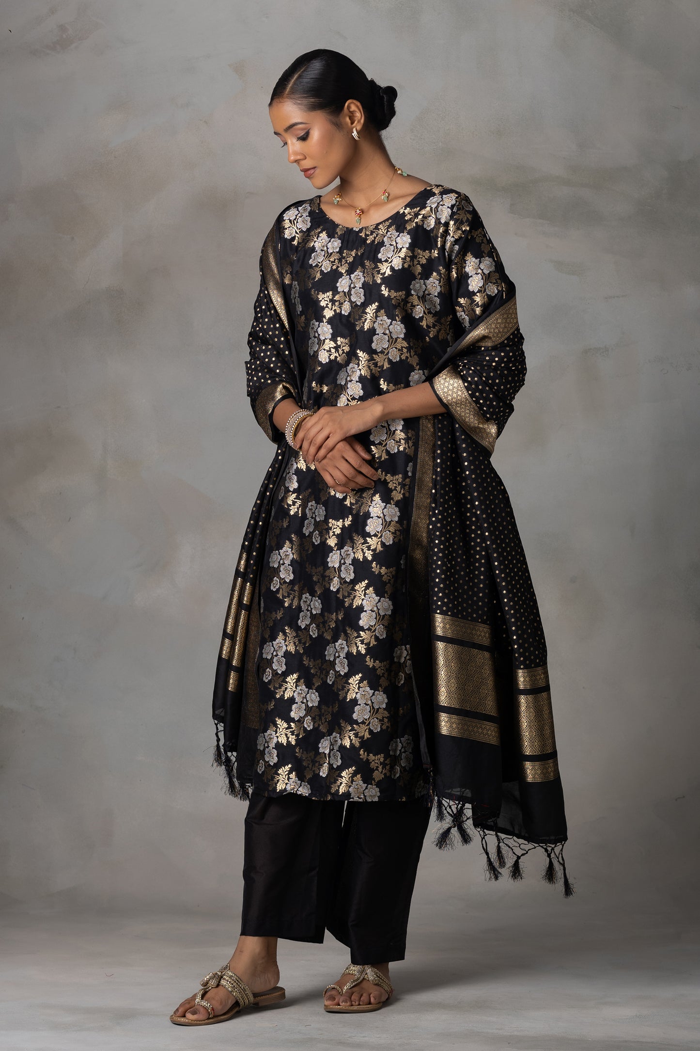 Black Banarasi Silk Suit Set with Zari Weaving