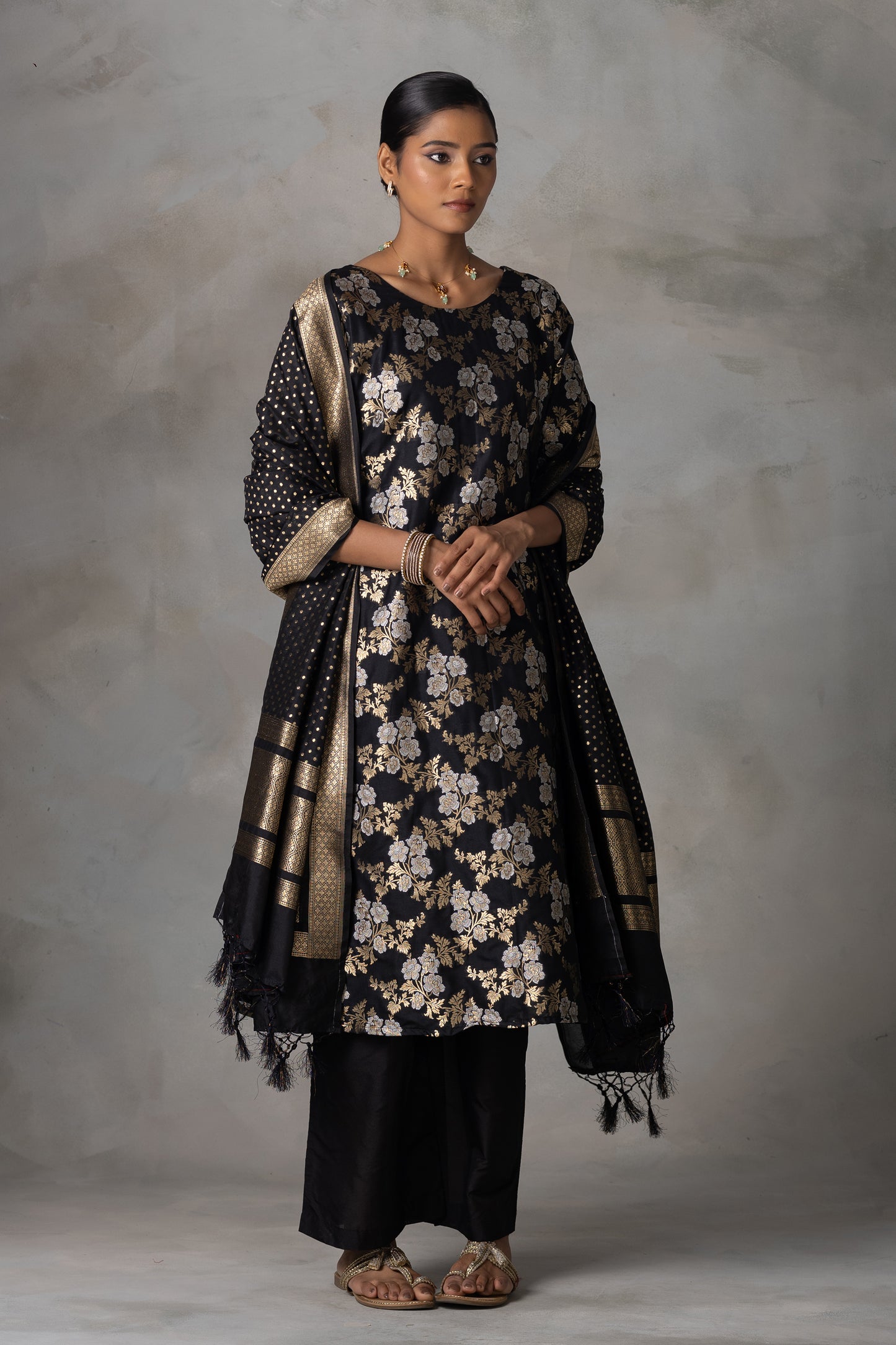 Black Banarasi Silk Suit Set with Zari Weaving