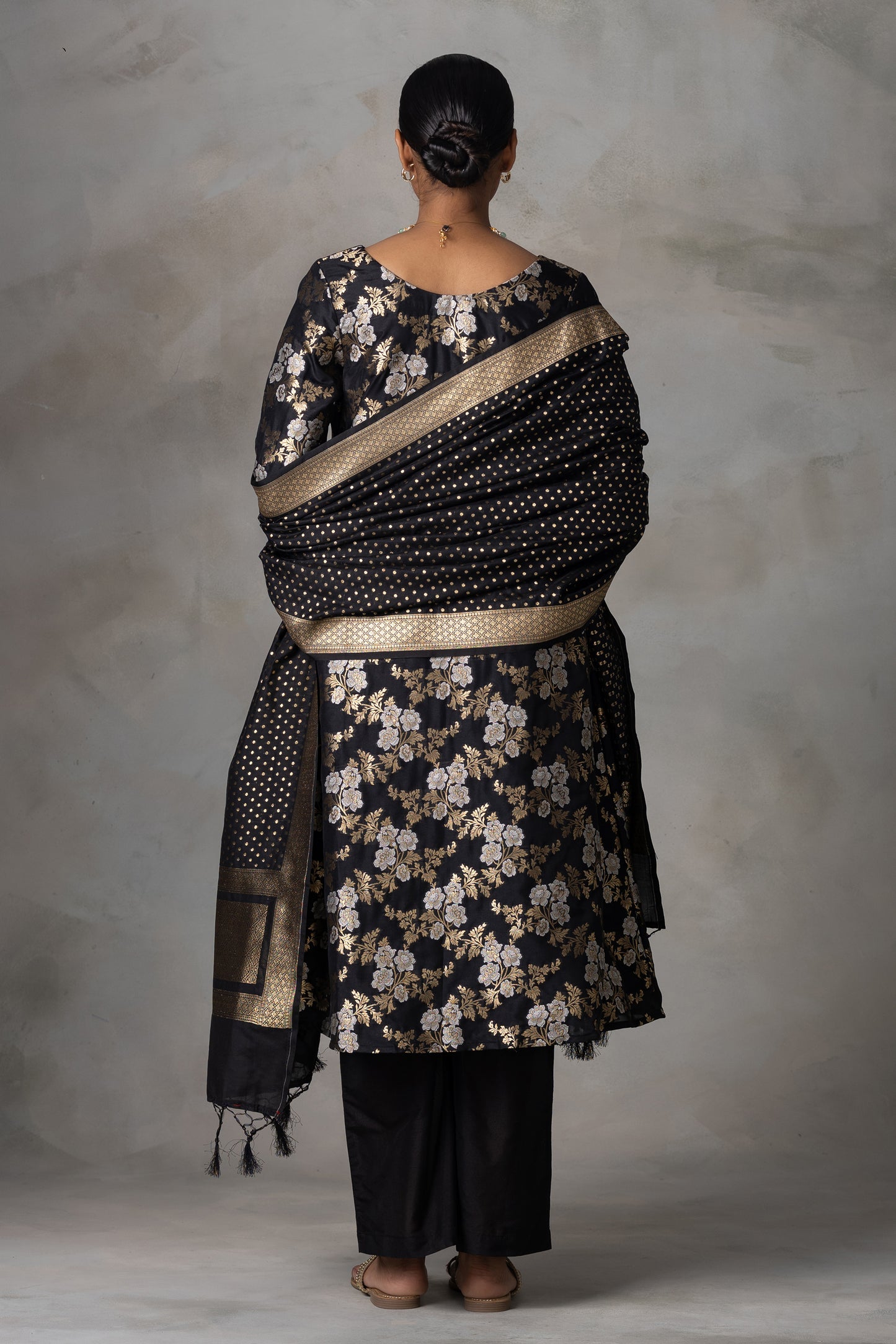 Black Banarasi Silk Suit Set with Zari Weaving