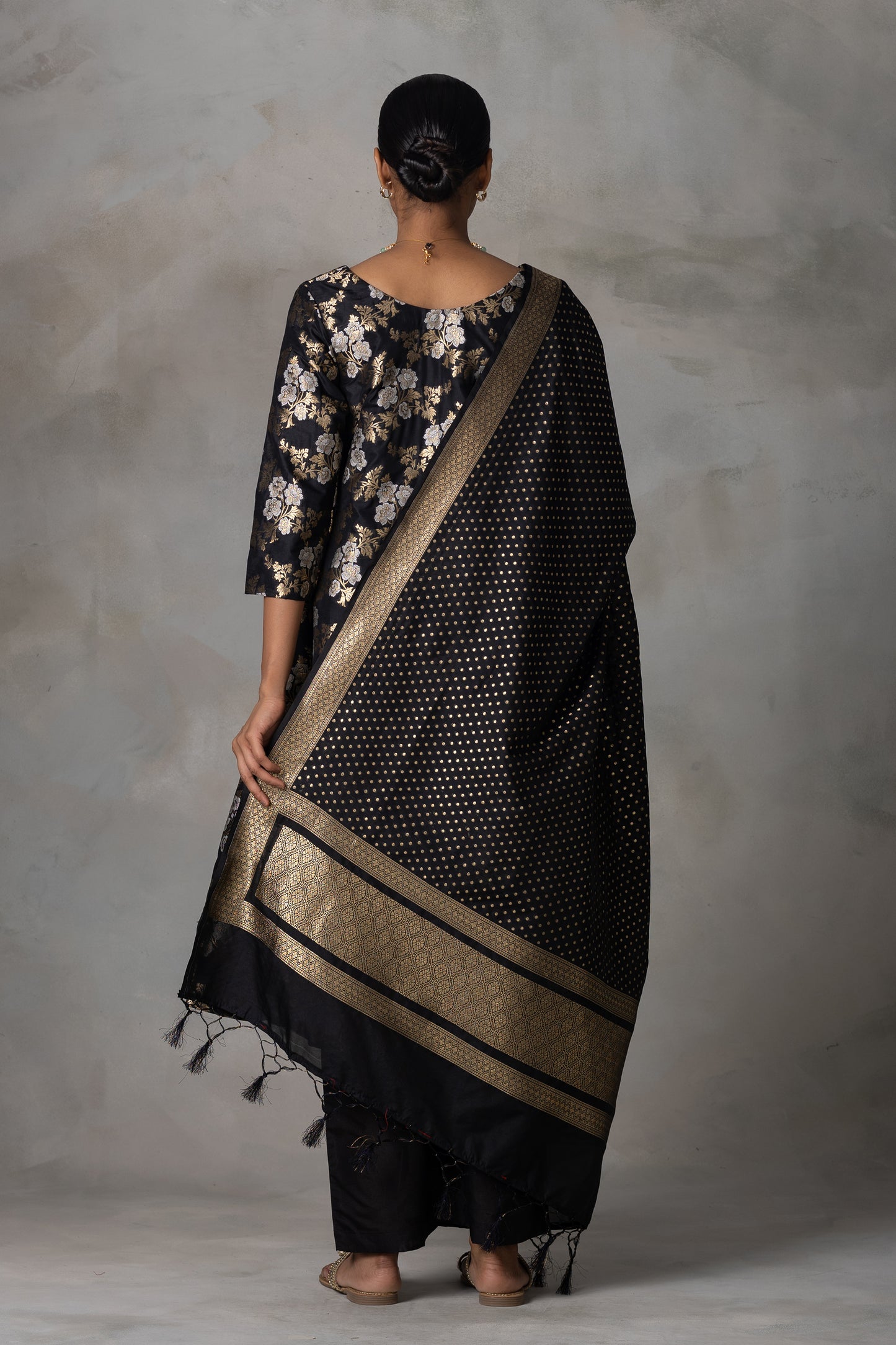 Black Banarasi Silk Suit Set with Zari Weaving