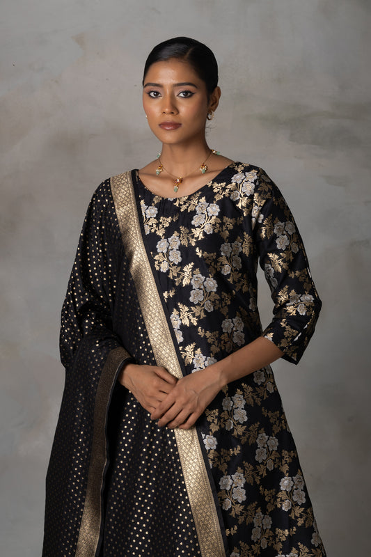 Black Banarasi Silk Suit Set with Zari Weaving