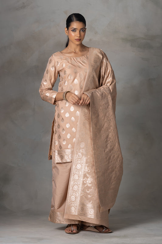 Beige Banarasi Silk Suit Set with Zari Weaving