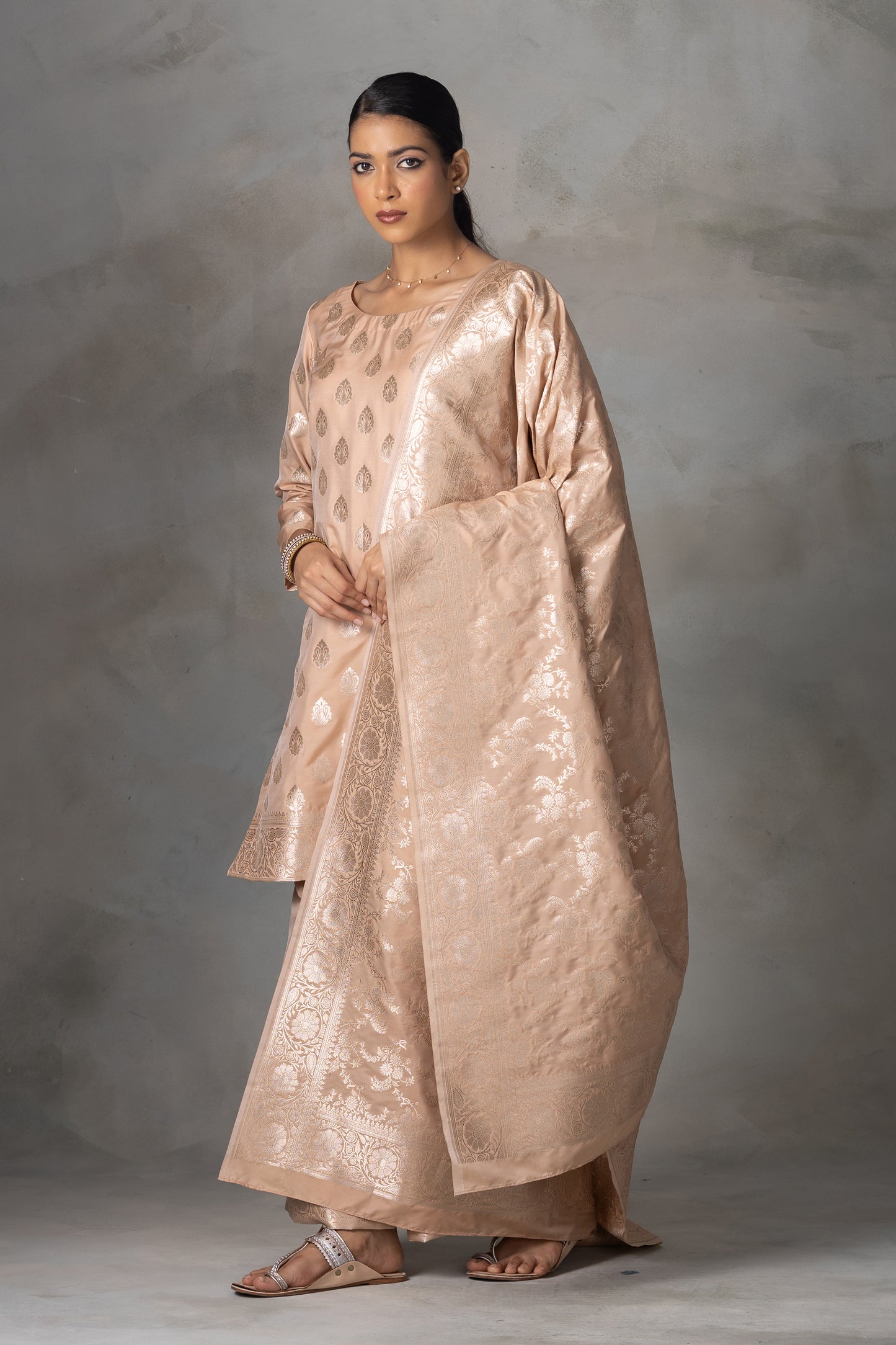 Beige Banarasi Silk Suit Set with Zari Weaving