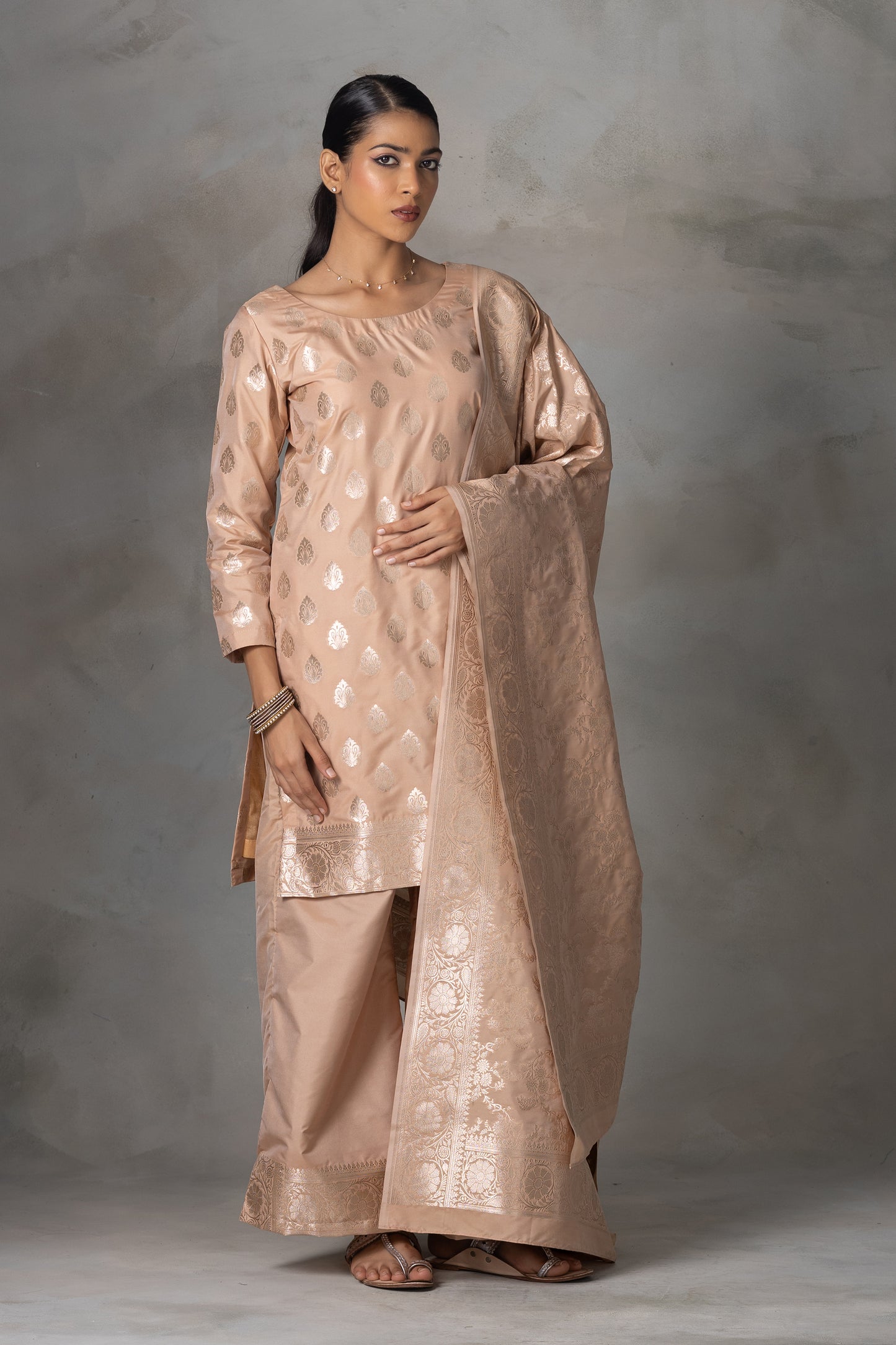 Beige Banarasi Silk Suit Set with Zari Weaving
