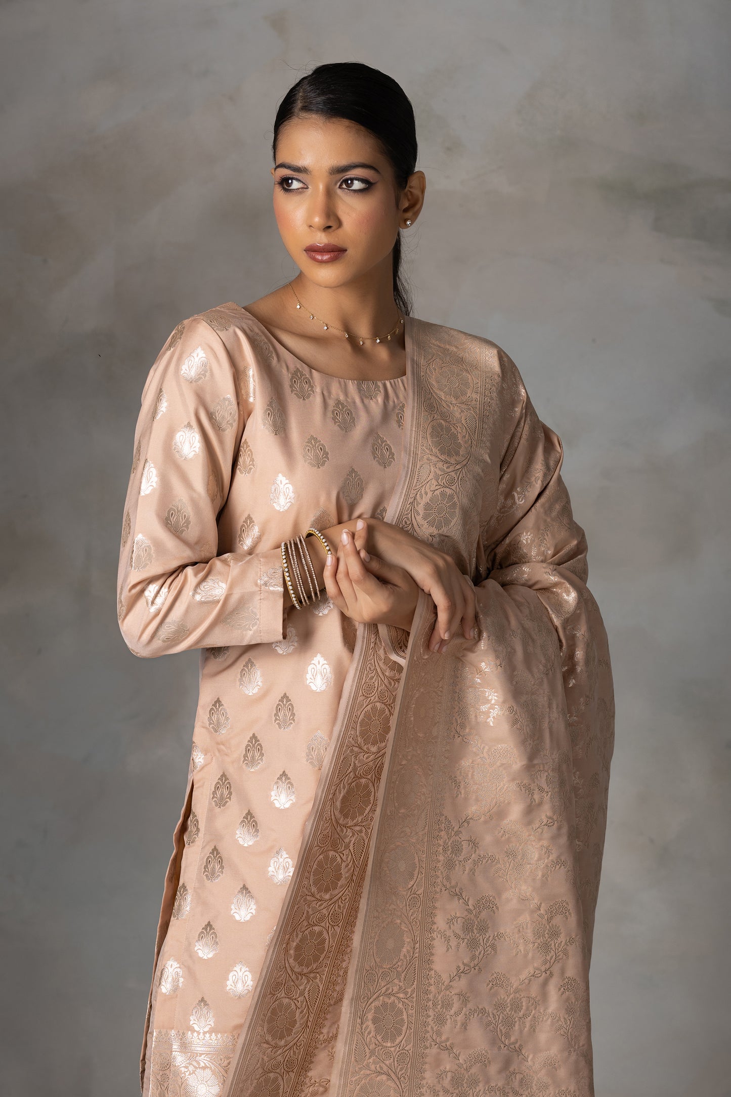 Beige Banarasi Silk Suit Set with Zari Weaving