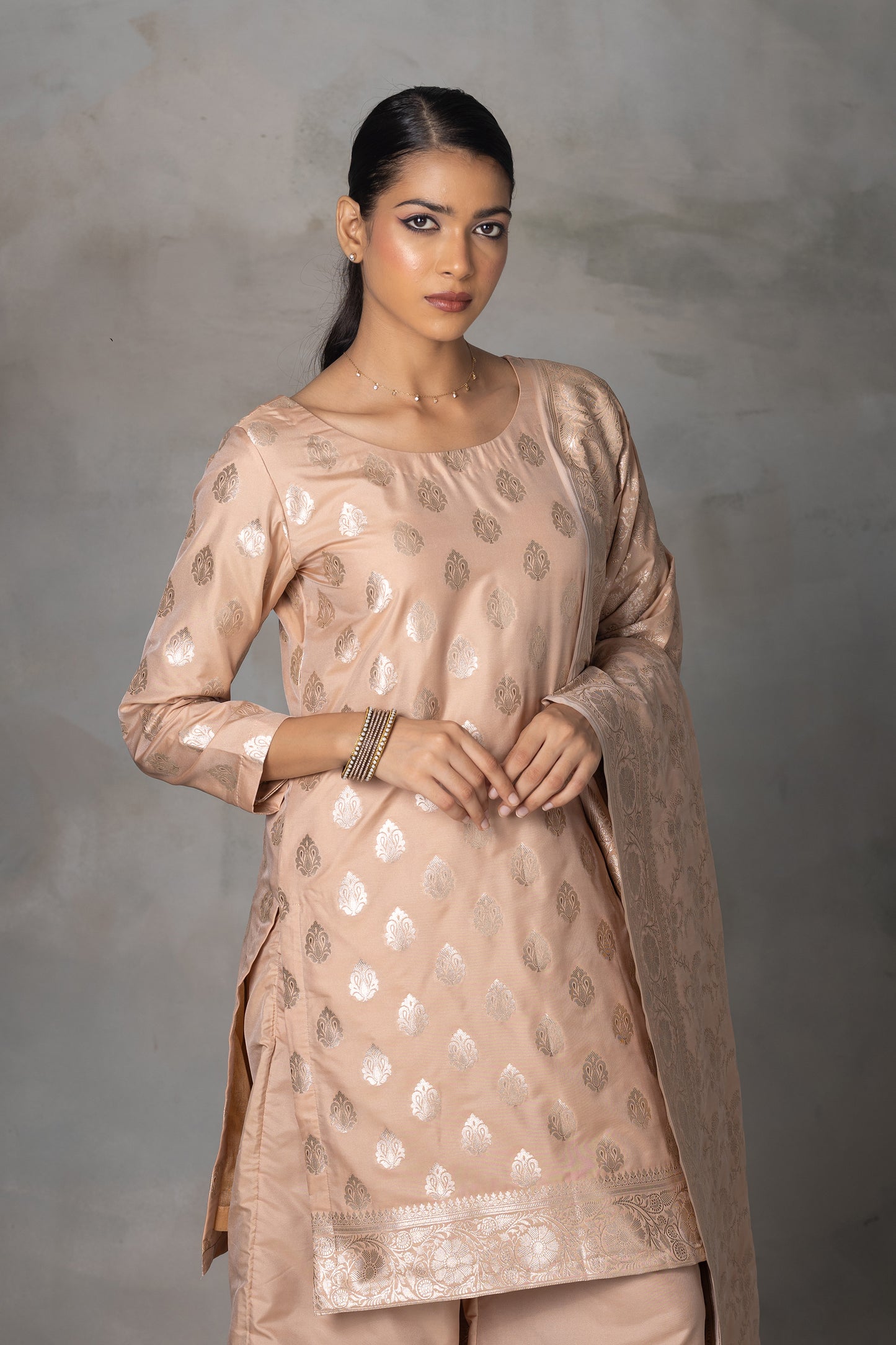 Beige Banarasi Silk Suit Set with Zari Weaving